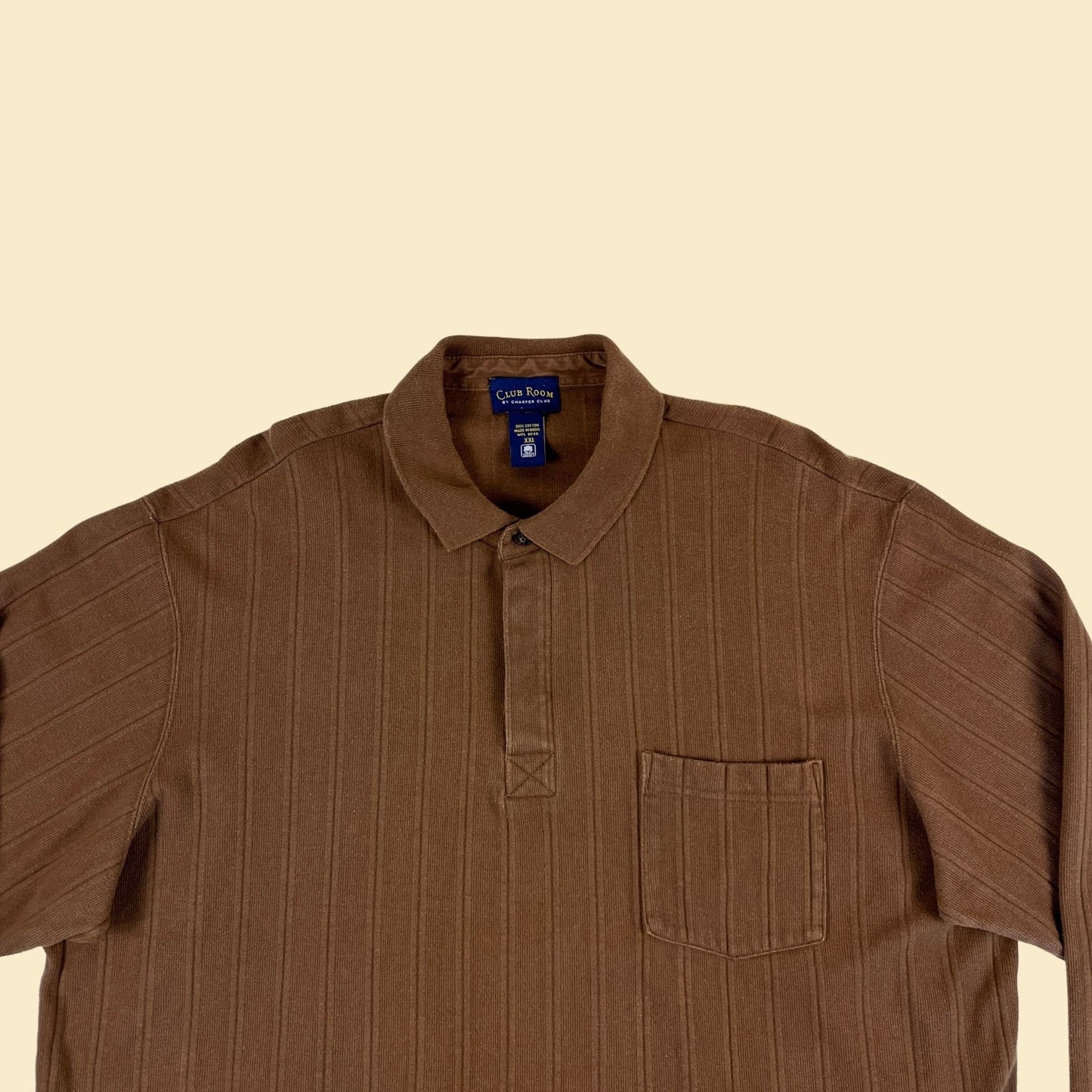 90s XXL ribbed polo shirt by Club Room, vintage solid brown long sleeve men's textured cotton shirt