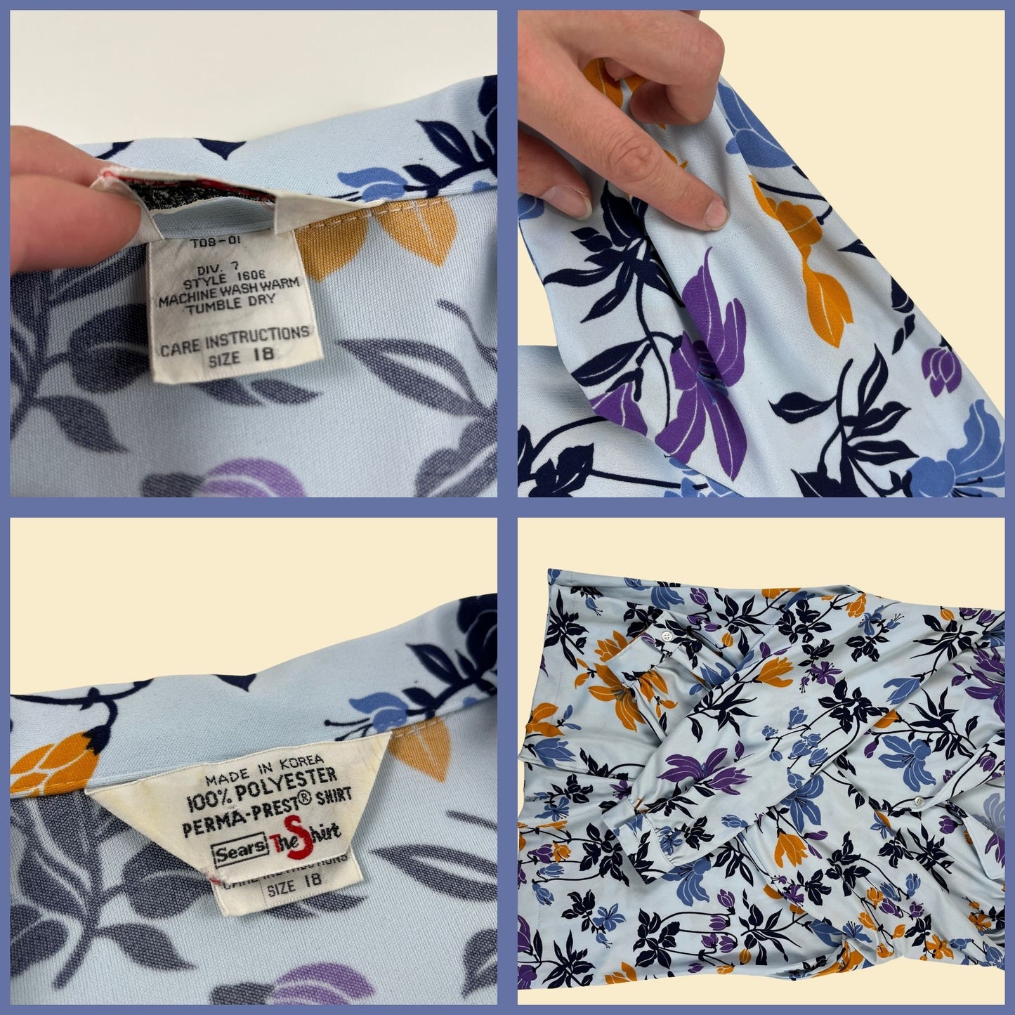 1970s floral blouse by Sears, vintage women's novelty print blue & purple women's button down