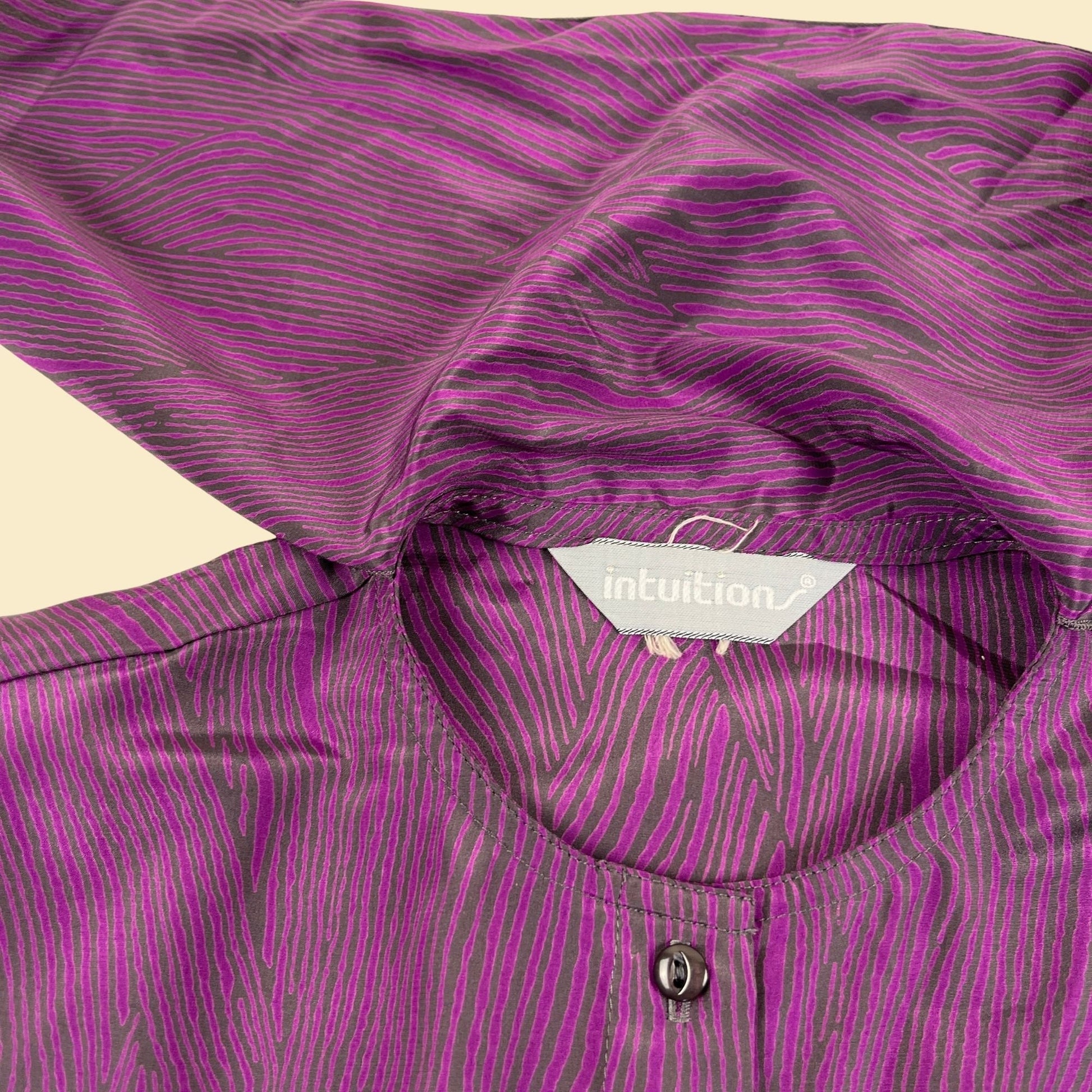 70s/80s purple blouse by Intuitions, vintage 1970s abstract patterned purple & black button down blouse with a necktie/ascot