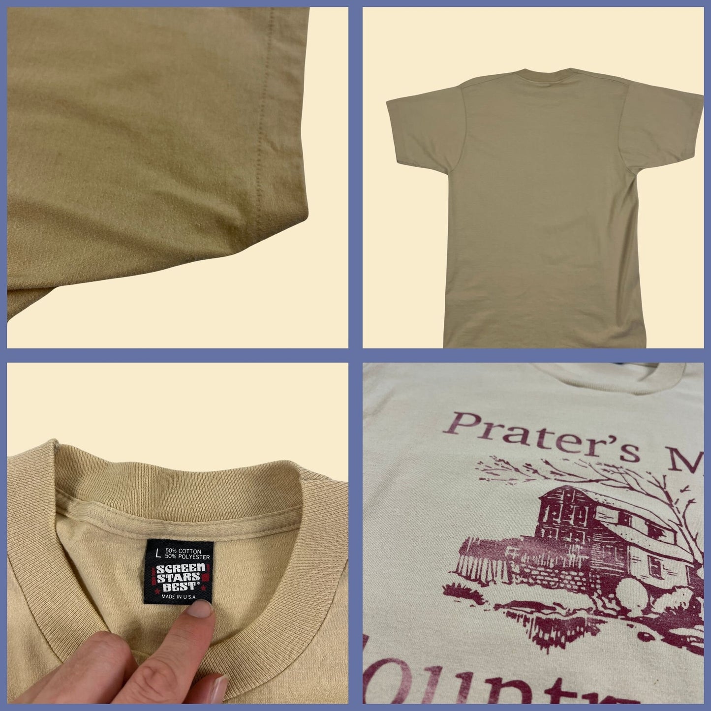 80s/90s L Prater's Mill Country Fair (Georgia) Screen Stars t-shirt, single stitch beige & burgundy tee