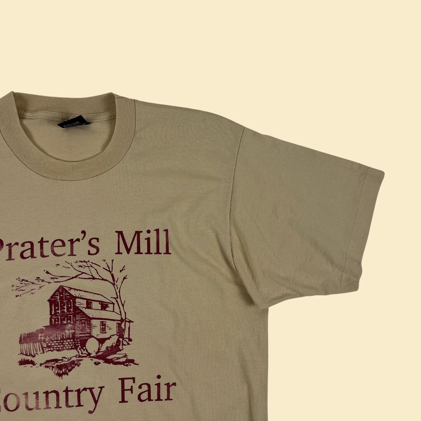 80s/90s L Prater's Mill Country Fair (Georgia) Screen Stars t-shirt, single stitch beige & burgundy tee