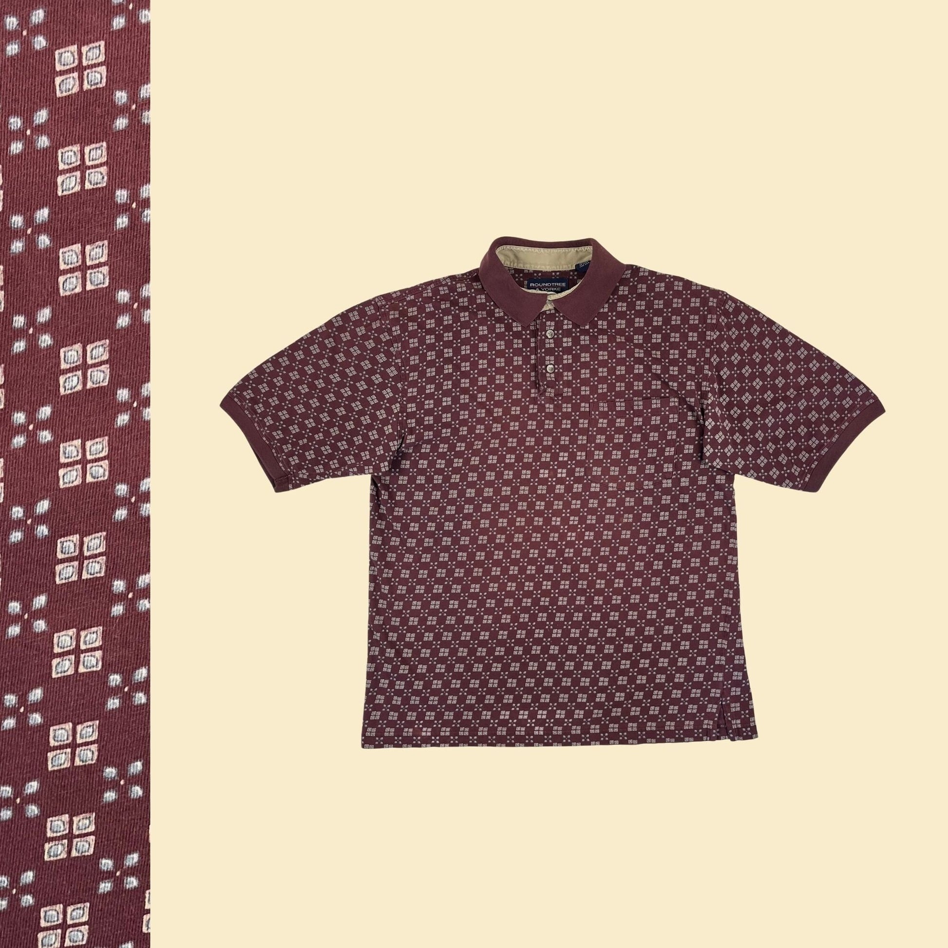 1990s M patterned polo shirt by Roundtree & Yorke, burgundy/blue short sleeve casual top