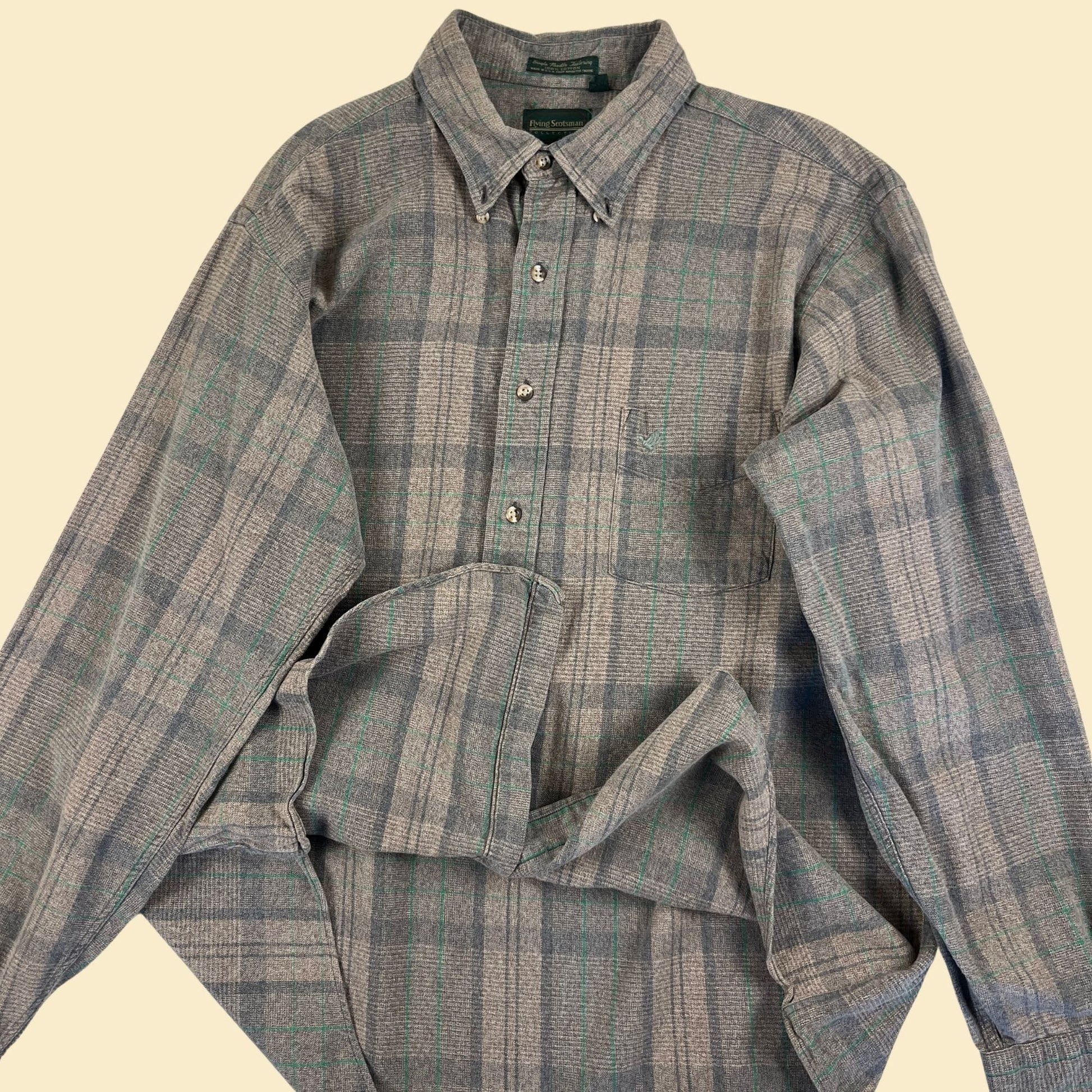 90s XL grey & green flannel shirt, vintage 1990s Flying Scotsman Collection cotton long sleeve shirt