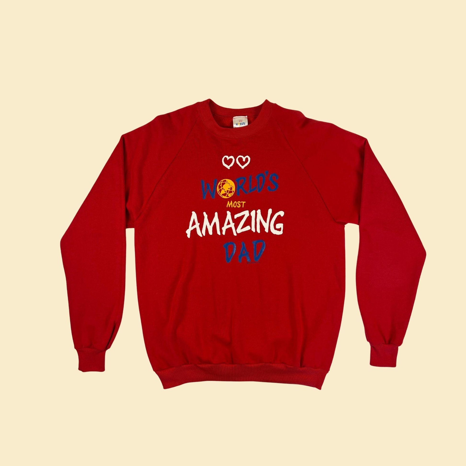 90s XL World's Most Amazing Dad crewneck sweatshirt, vintage red, white & yellow Father's Day crewneck by B.J. Designs