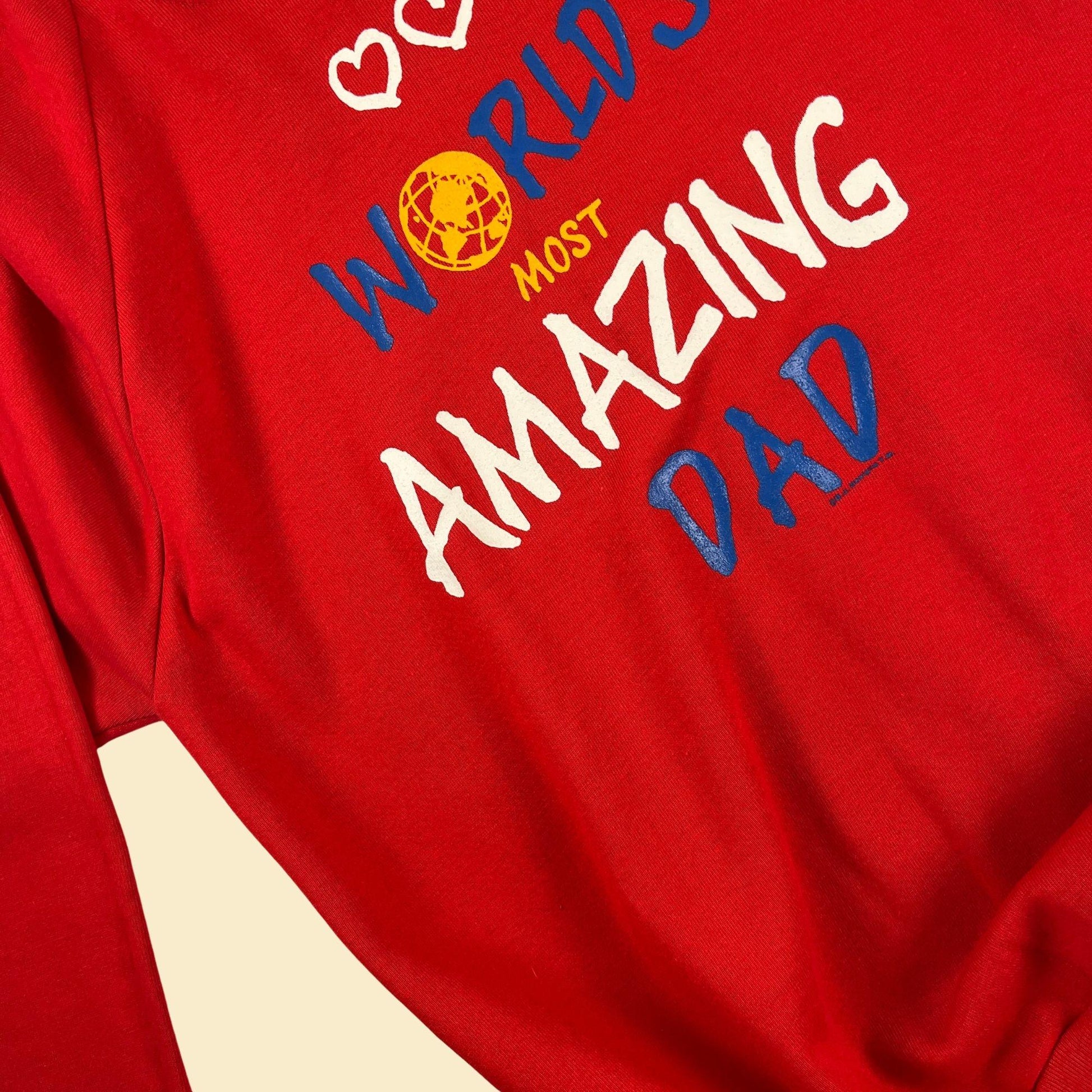 90s XL World's Most Amazing Dad crewneck sweatshirt, vintage red, white & yellow Father's Day crewneck by B.J. Designs