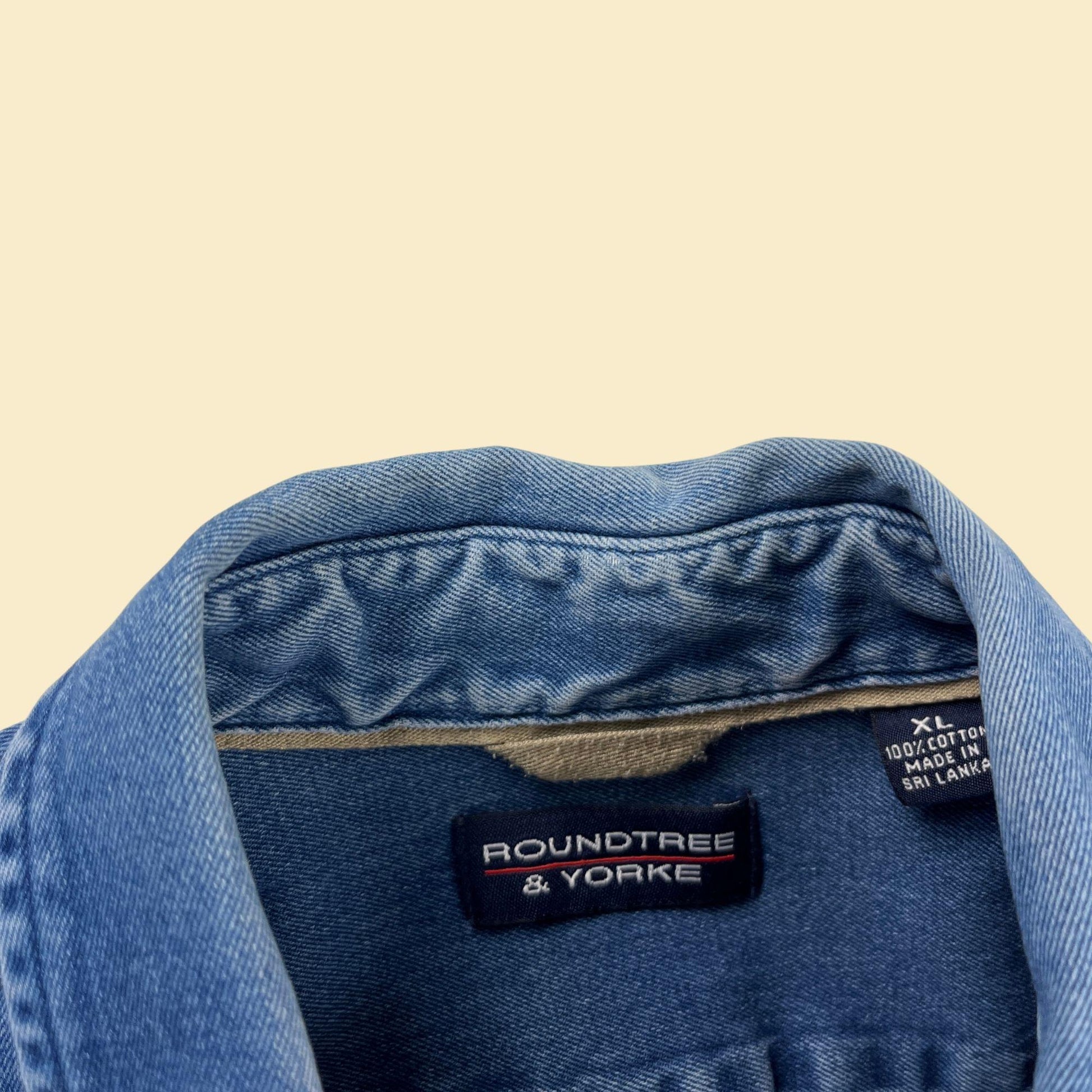 90s/Y2K denim XL shirt, vintage men's medium wash blue button down shirt by Roundtree & Yorke