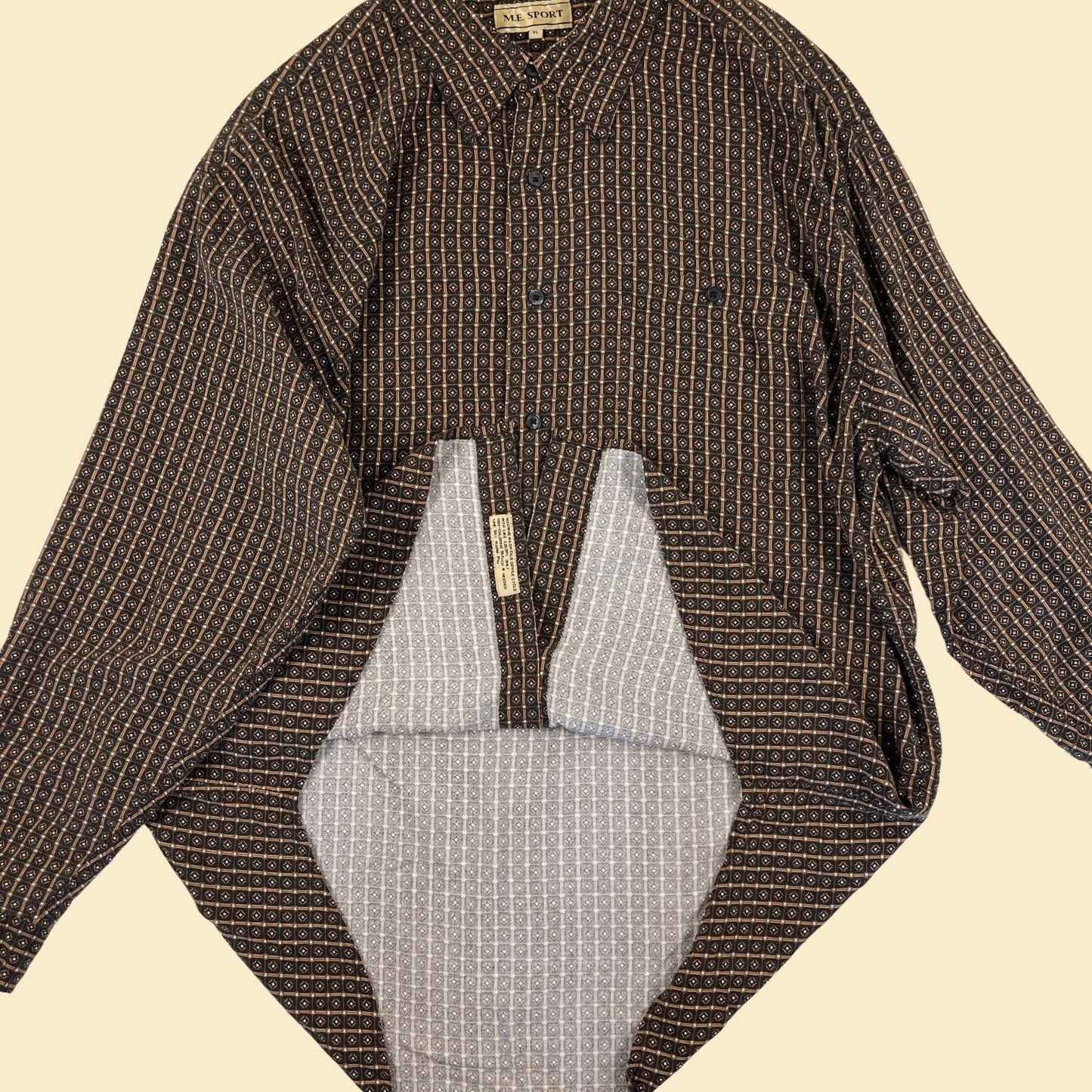 90s XL geometric men's shirt by M.E. Sport, vintage brown & white abstract rayon button down casual top