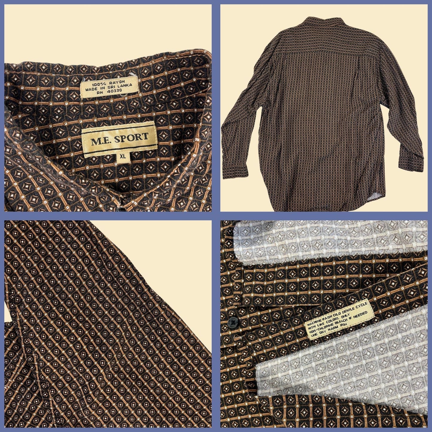 90s XL geometric men's shirt by M.E. Sport, vintage brown & white abstract rayon button down casual top