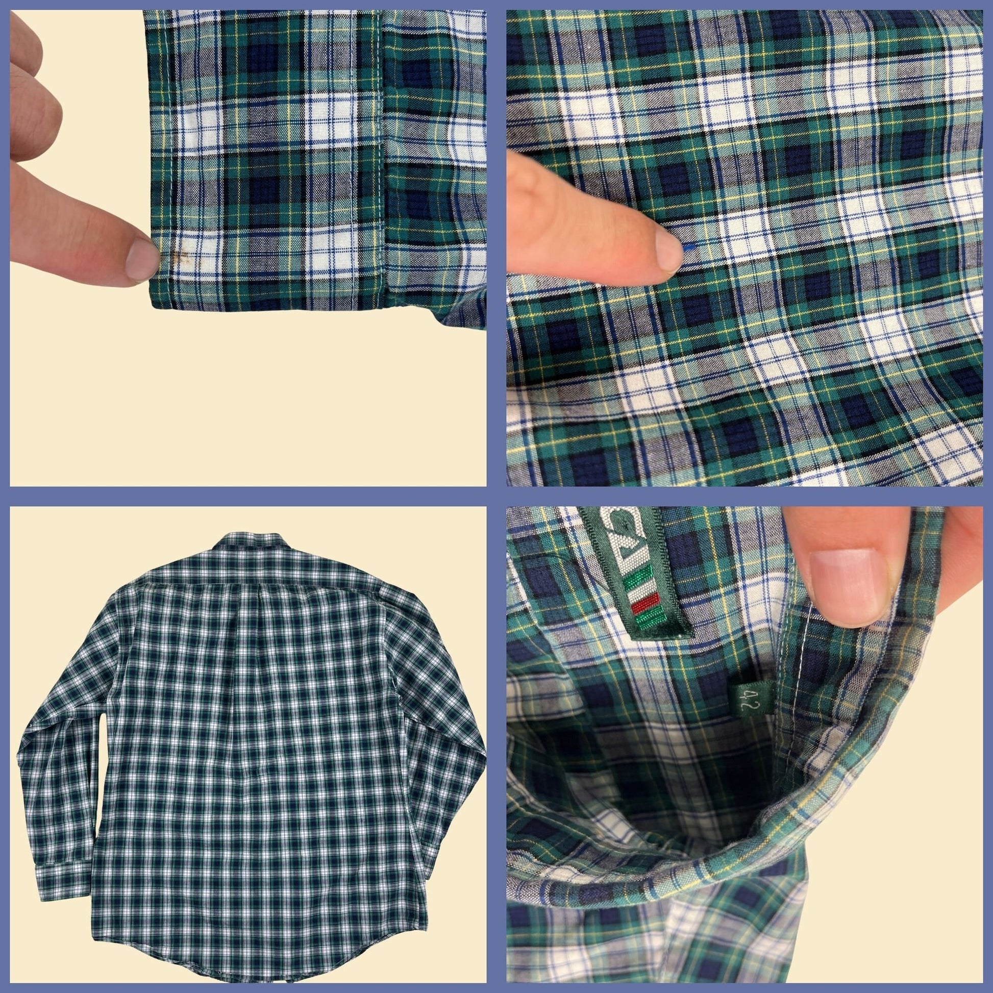 90s green/white plaid men's shirt by Roca, size 42 vintage 1990s long sleeve men's casual top