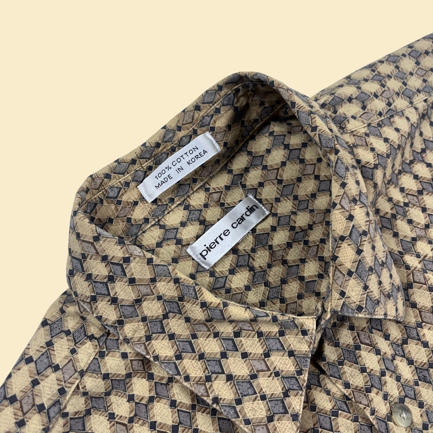 Vintage 80s/90s geometric shirt by Pierre Cardin, 1990s L to XL beige/blue diamond patterned men's top