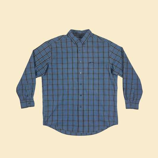 1990s Chaps Ralph Lauren L men's plaid button down shirt, vintage 90s blue & black long sleeve casual top