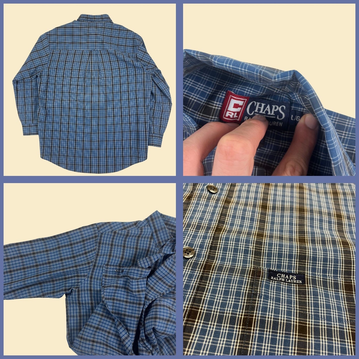 1990s Chaps Ralph Lauren L men's plaid button down shirt, vintage 90s blue & black long sleeve casual top