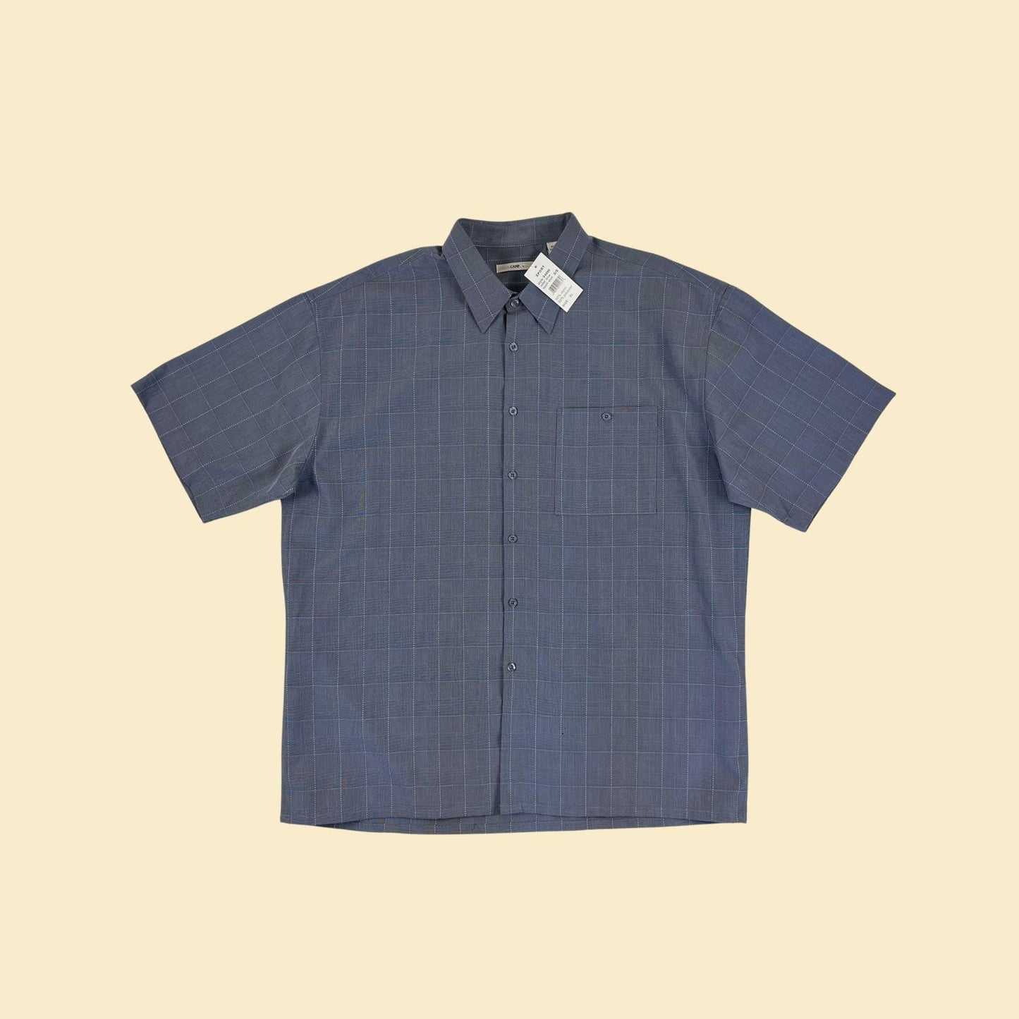 90s/Y2K men's XL shirt, vintage blue grid-patterned short sleeve button down top