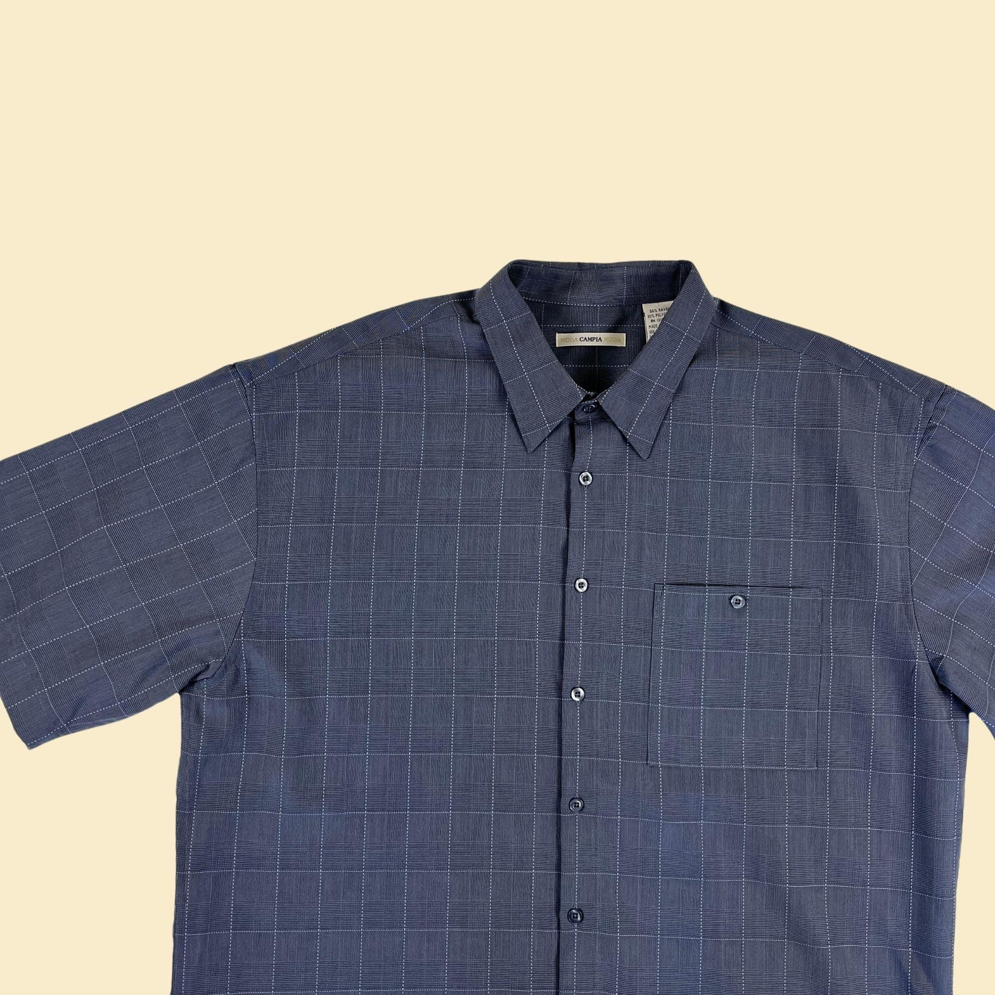 90s/Y2K men's XL shirt, vintage blue grid-patterned short sleeve button down top