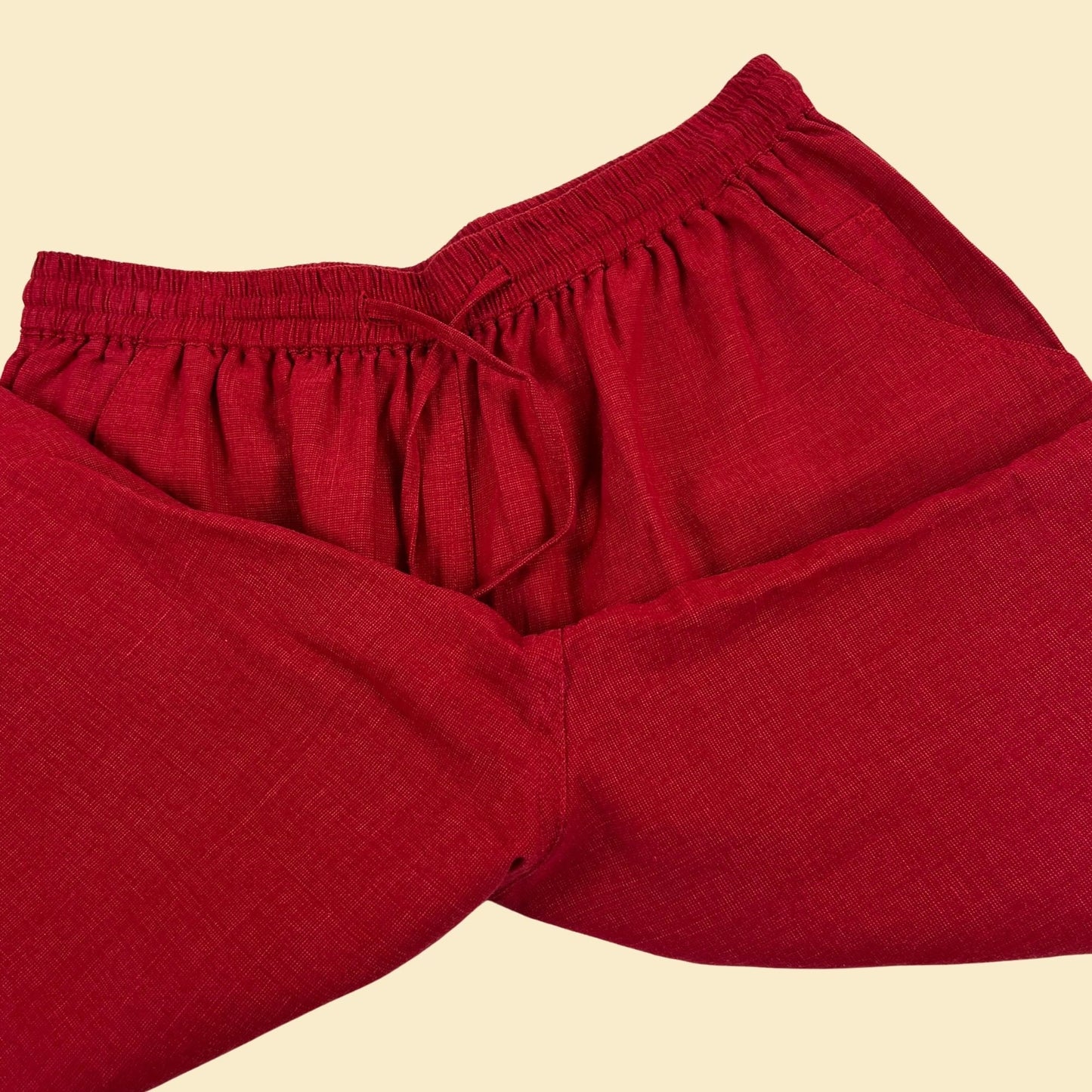 90s/Y2K red linen M capris by Erin London, vintage silk & linen women's ankle length 2000s capri pants w/ elastic waist