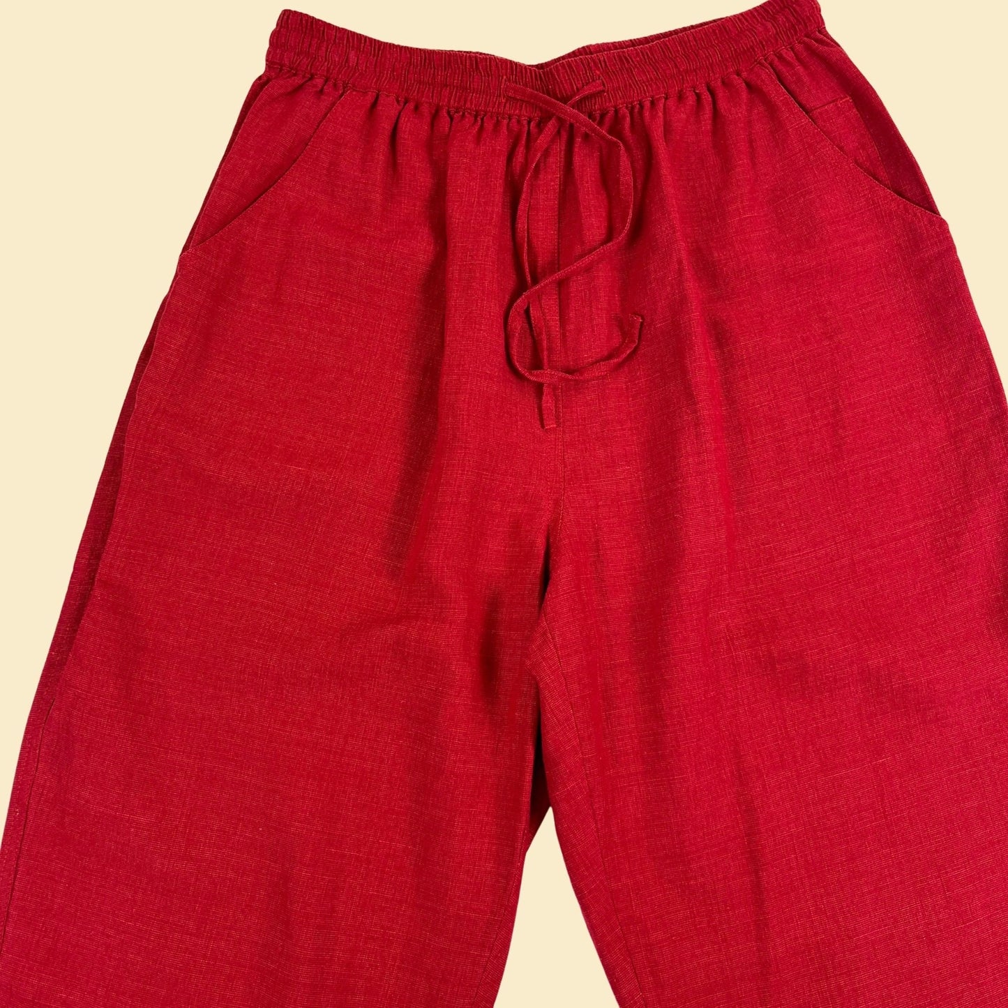 90s/Y2K red linen M capris by Erin London, vintage silk & linen women's ankle length 2000s capri pants w/ elastic waist