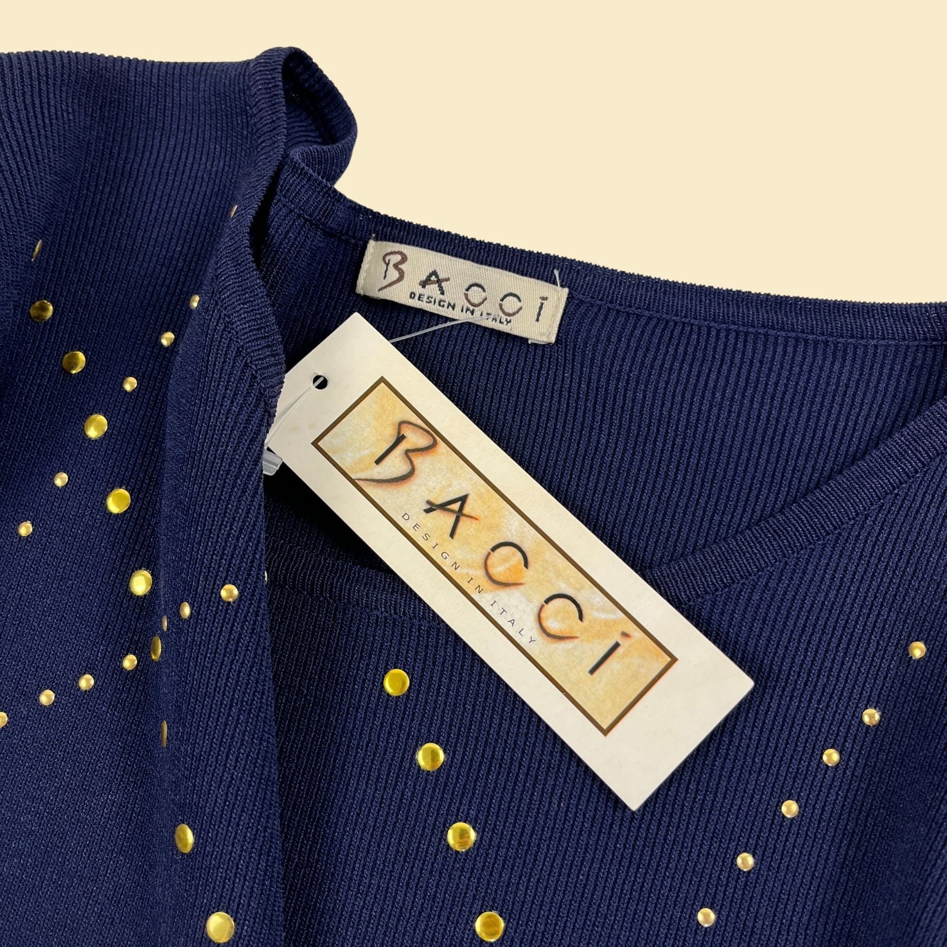 1990s M navy blue & gold blouse by Bacci Design Italy, vintage 90s dark blue long sleeve top