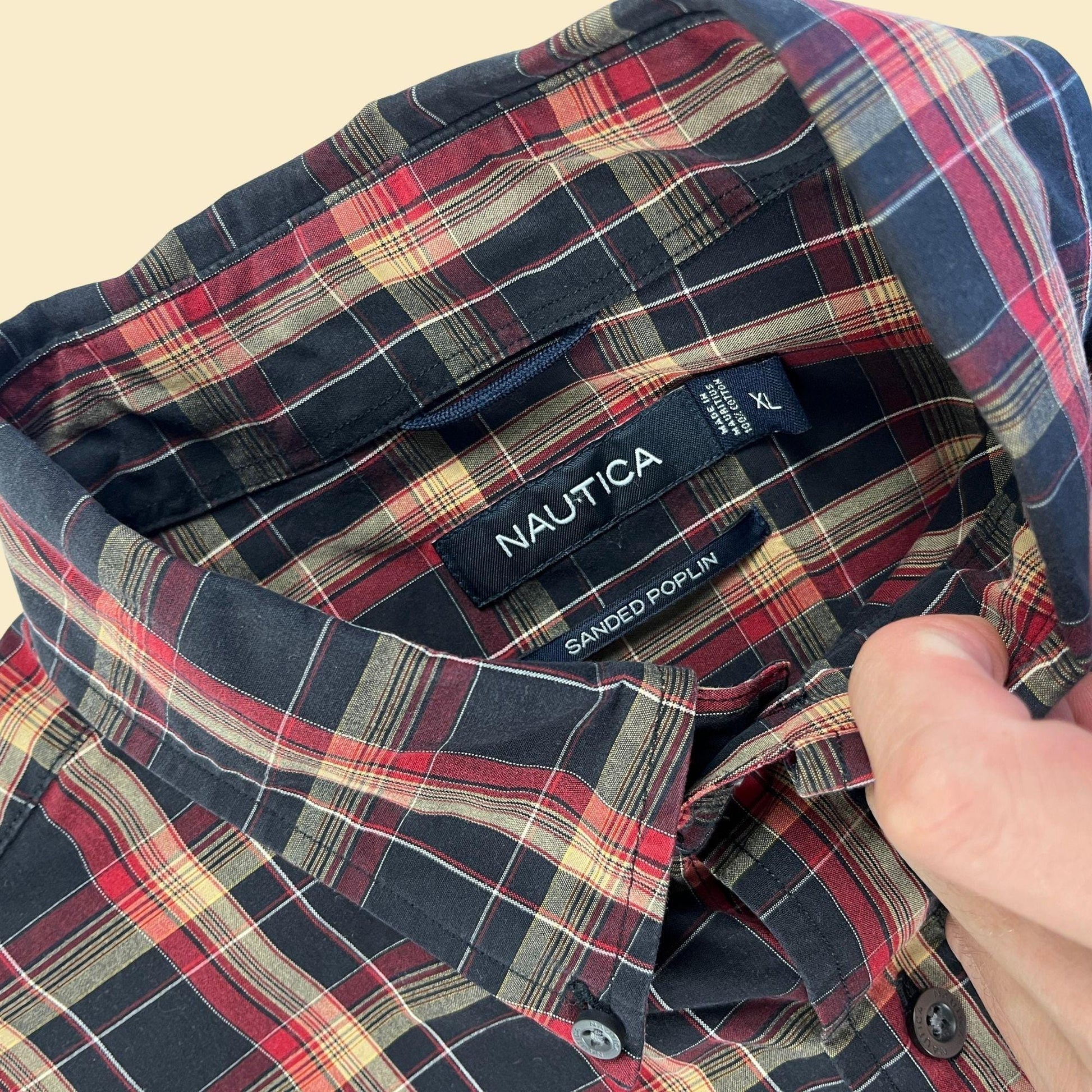 Y2K men's XL shirt by Nautica, vintage black & burgundy plaid long sleeve button down top