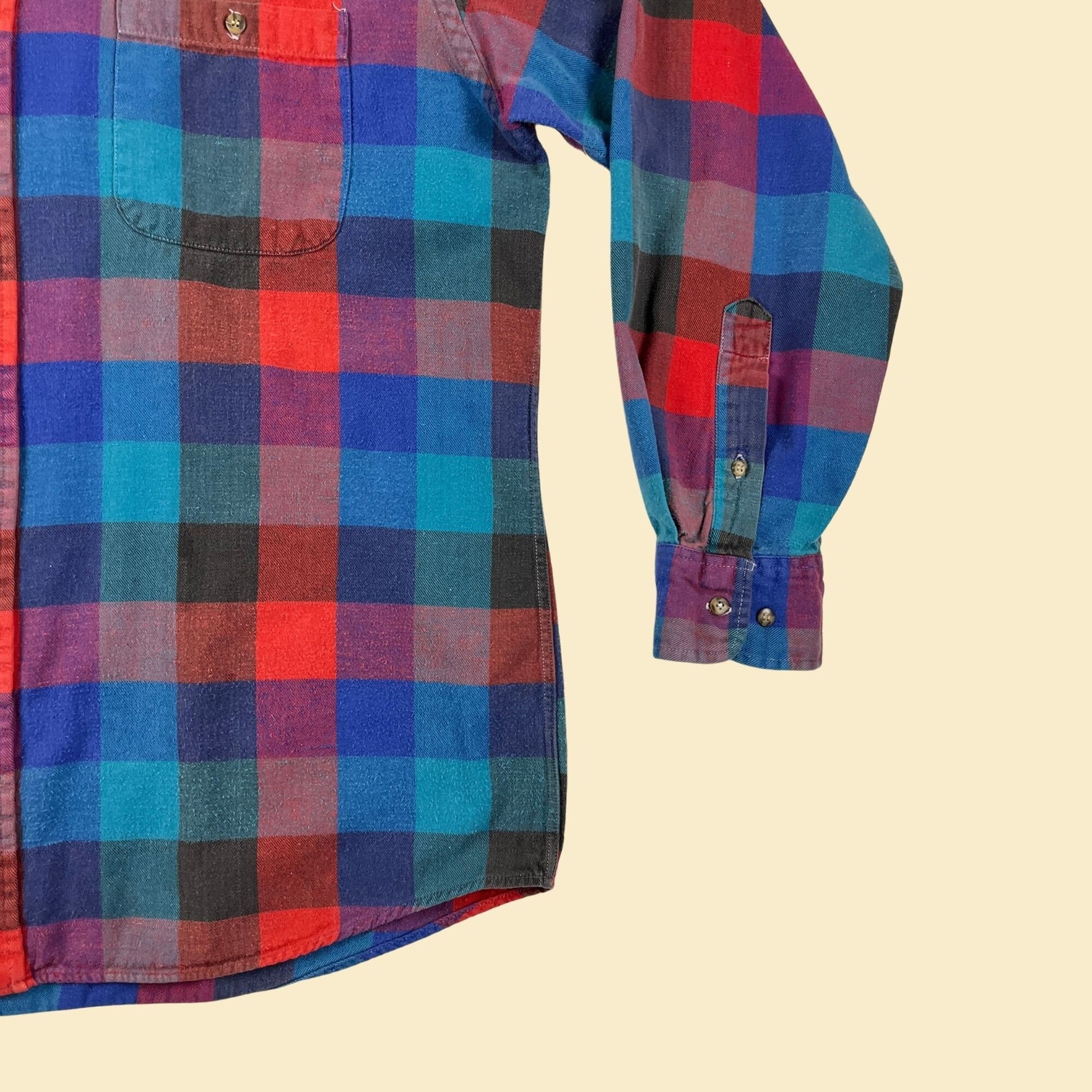 1990s L geometric flannel shirt by Authentic Mountain Tek, vintage 90s blue/red/teal button down long sleeve top