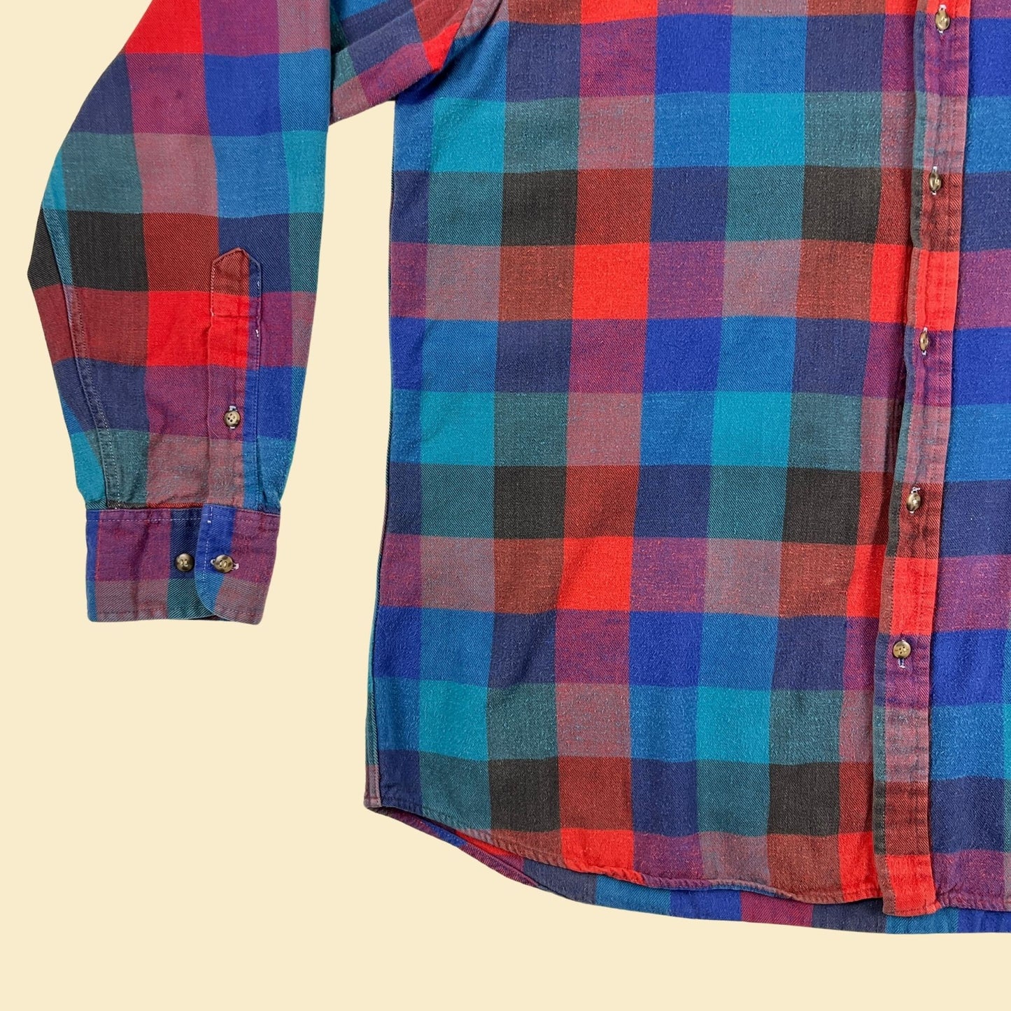 1990s L geometric flannel shirt by Authentic Mountain Tek, vintage 90s blue/red/teal button down long sleeve top