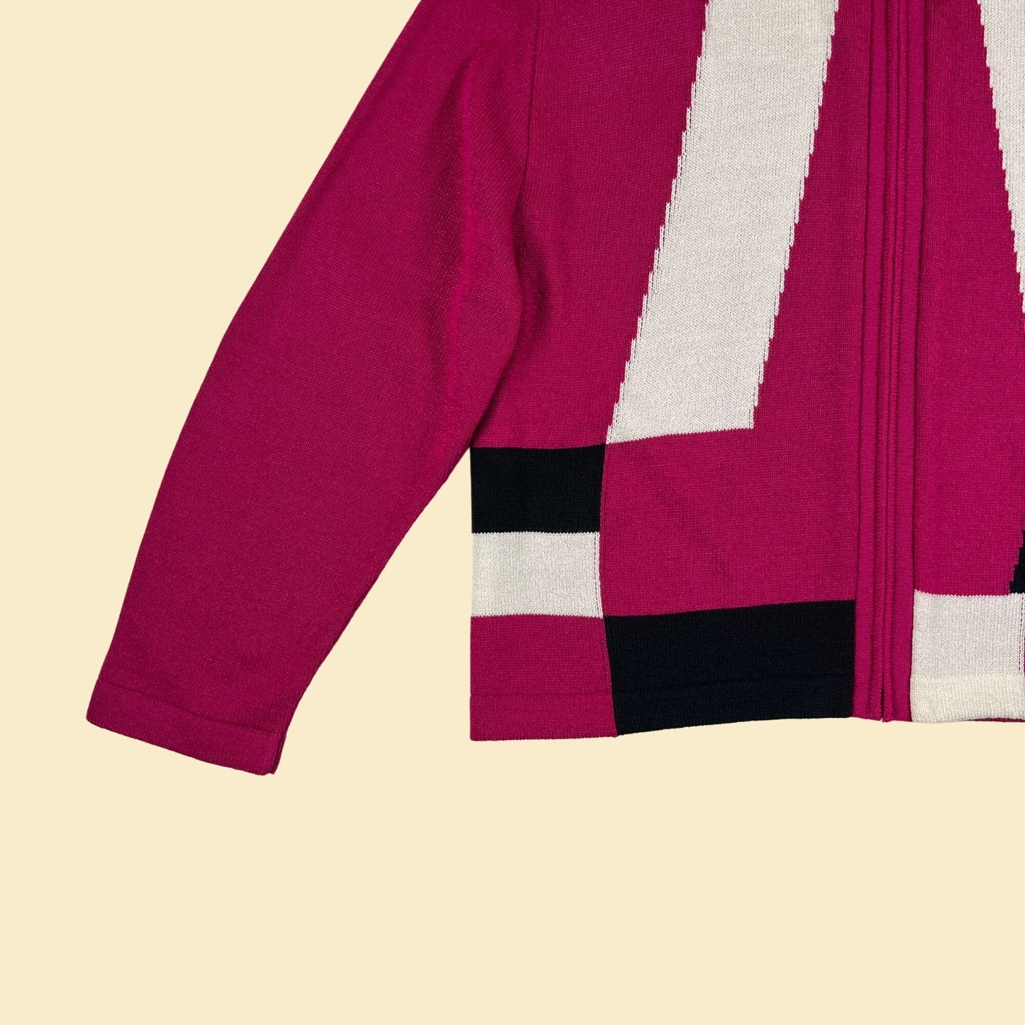 1980s color block zip up jacket by San Remo by Laura Knits, vintage 80s pink/white/black knit women's jacket