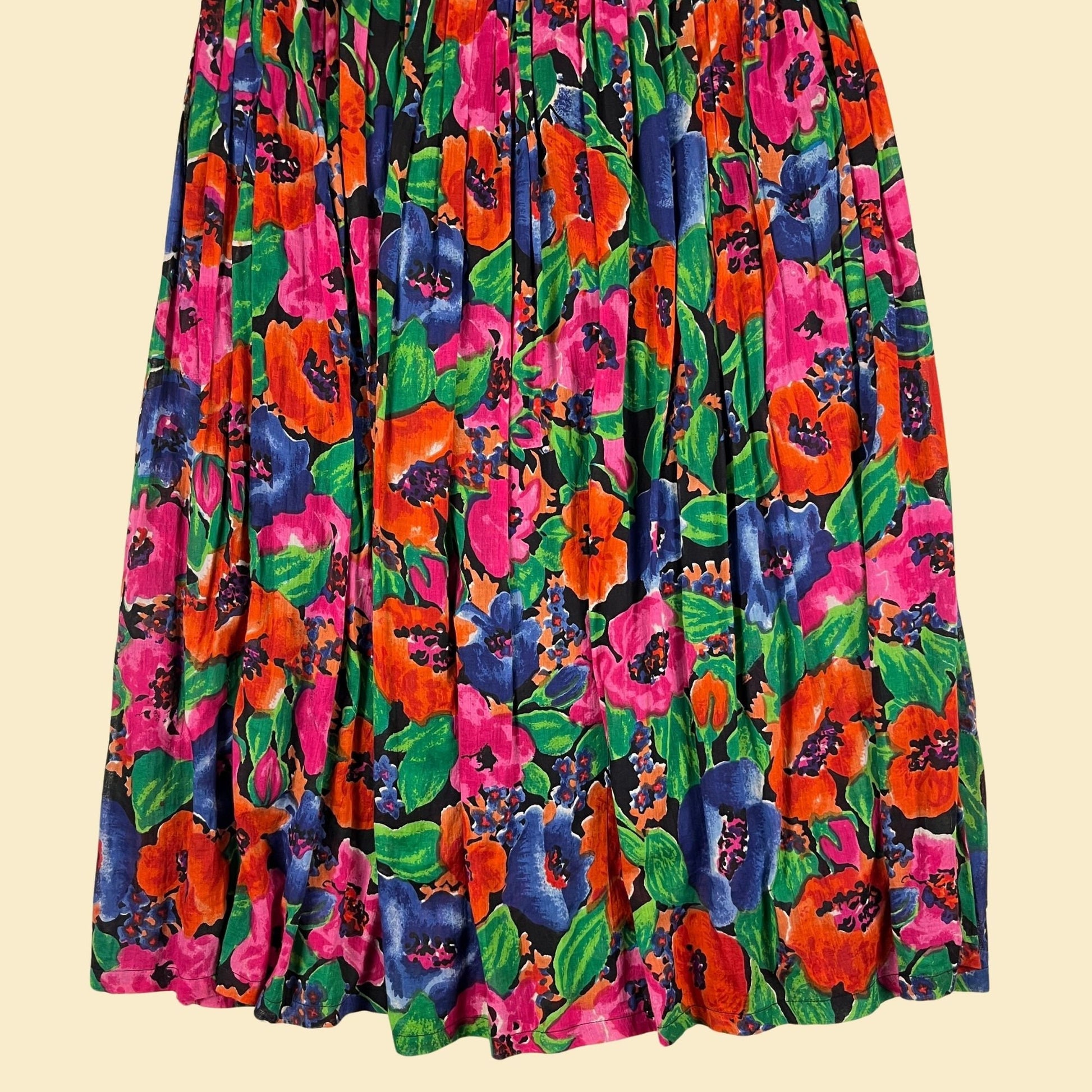 1970s floral cotton maxi skirt by Blue Cabana, size S vintage 70s pink & green cotton gauze pleated skirt