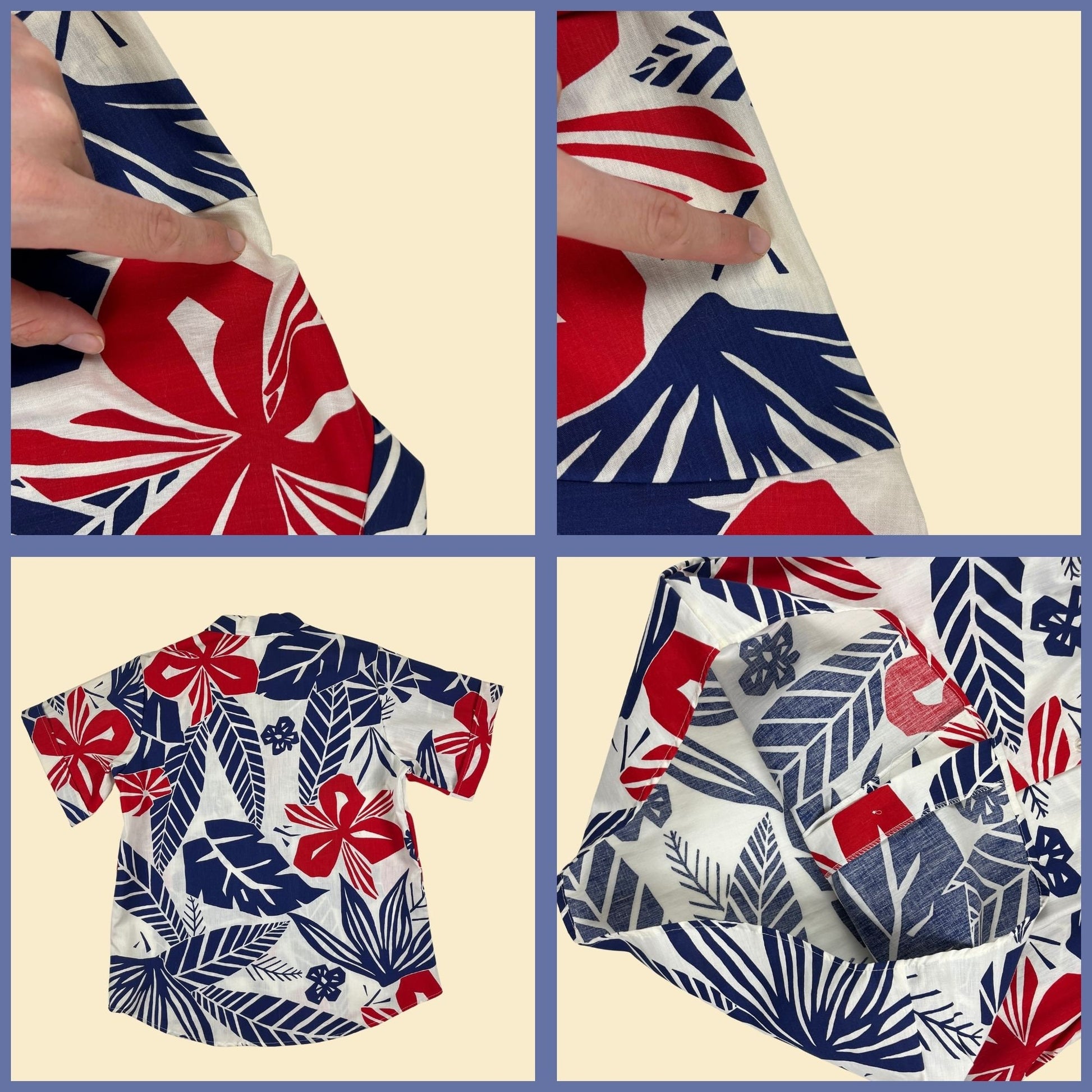 Vintage 70s/80s tropical blouse by Booth Bay, size 15/16 women's button down short sleeve red, white & blue shirt