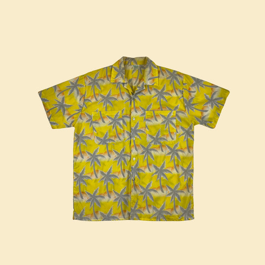 1980s Tropicana men's L shirt, vintage 80s yellow palm tree patterned men's button down short sleeve top