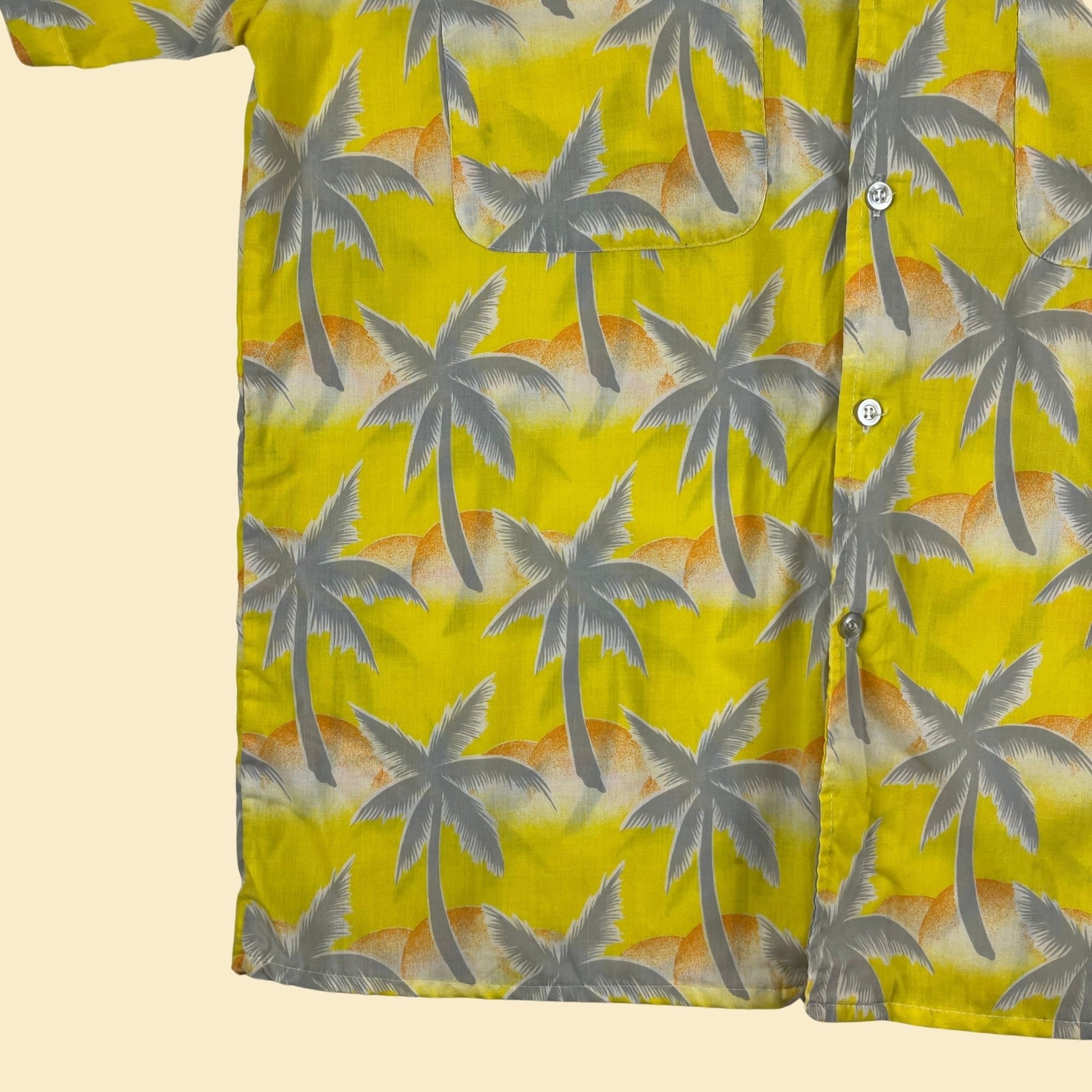 1980s Tropicana men's L shirt, vintage 80s yellow palm tree patterned men's button down short sleeve top