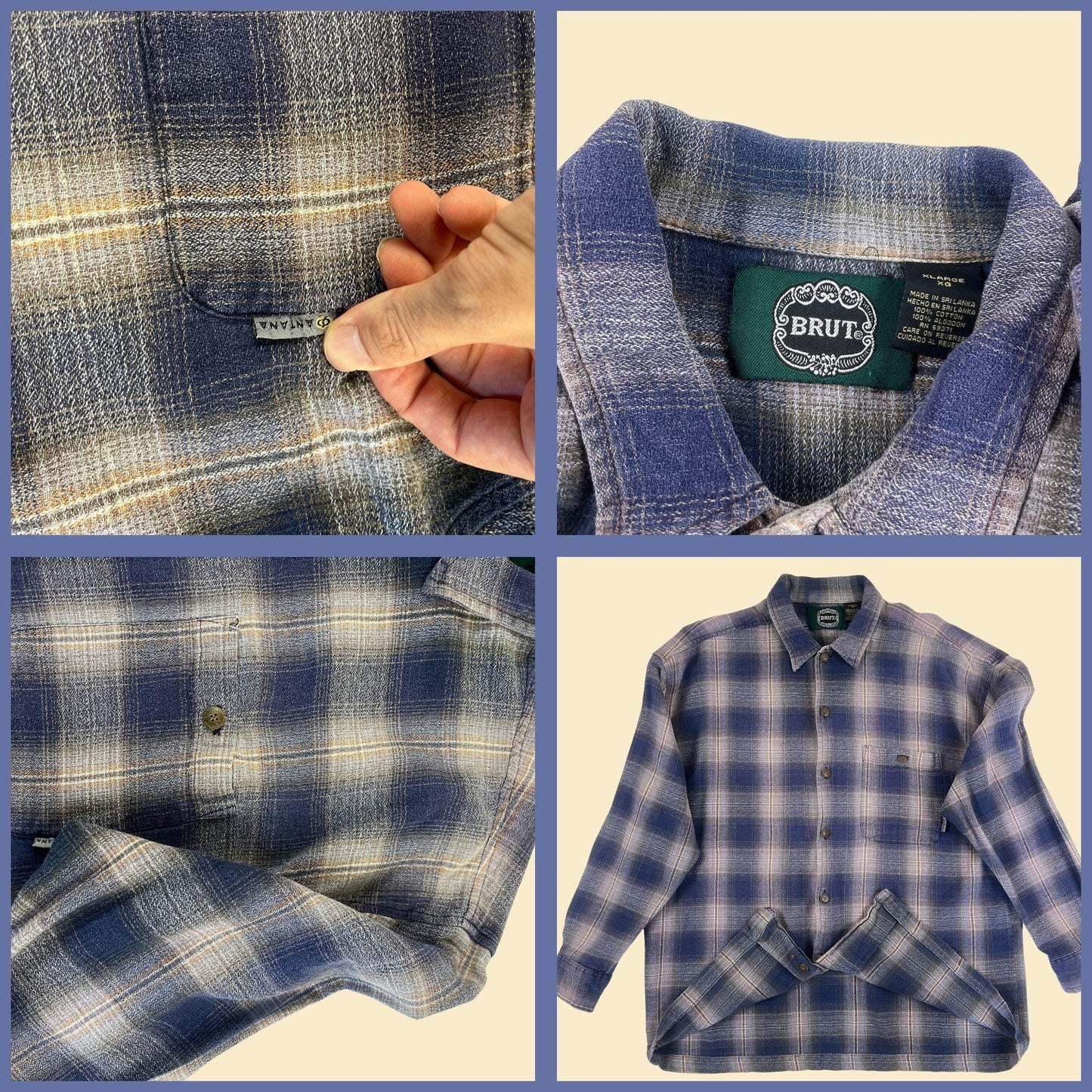 1990s XL flannel shirt by Brut, vintage men's blue & brown plaid button down long sleeve top