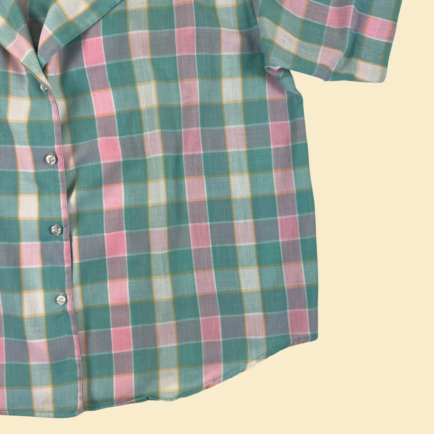 1970s geometric teal blouse, vintage pink & teal 70s button down top by Amy Barr