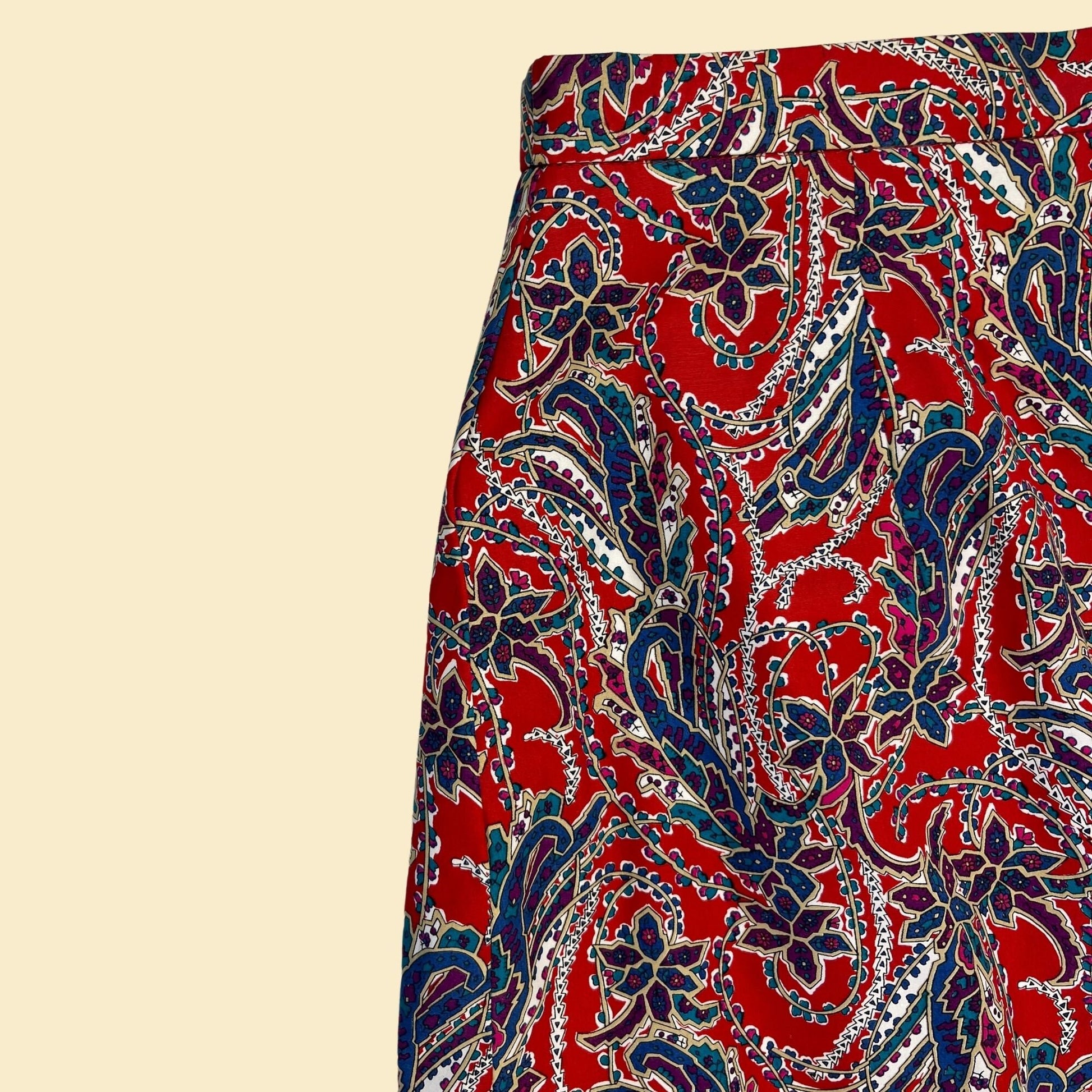 1970s size 14 maxi skirt w/ red, teal & purple geometric floral/paisley pattern, vintage 70s women's psychedelic maxi skirt