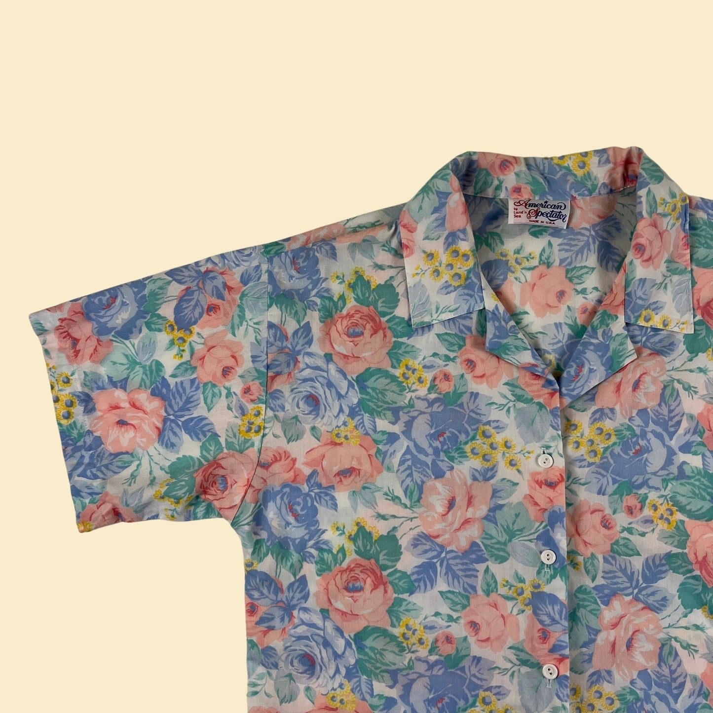 1970s button down blouse, size 16 vintage 70s floral women's pink & teal casual short sleeve shirt by American Spectator