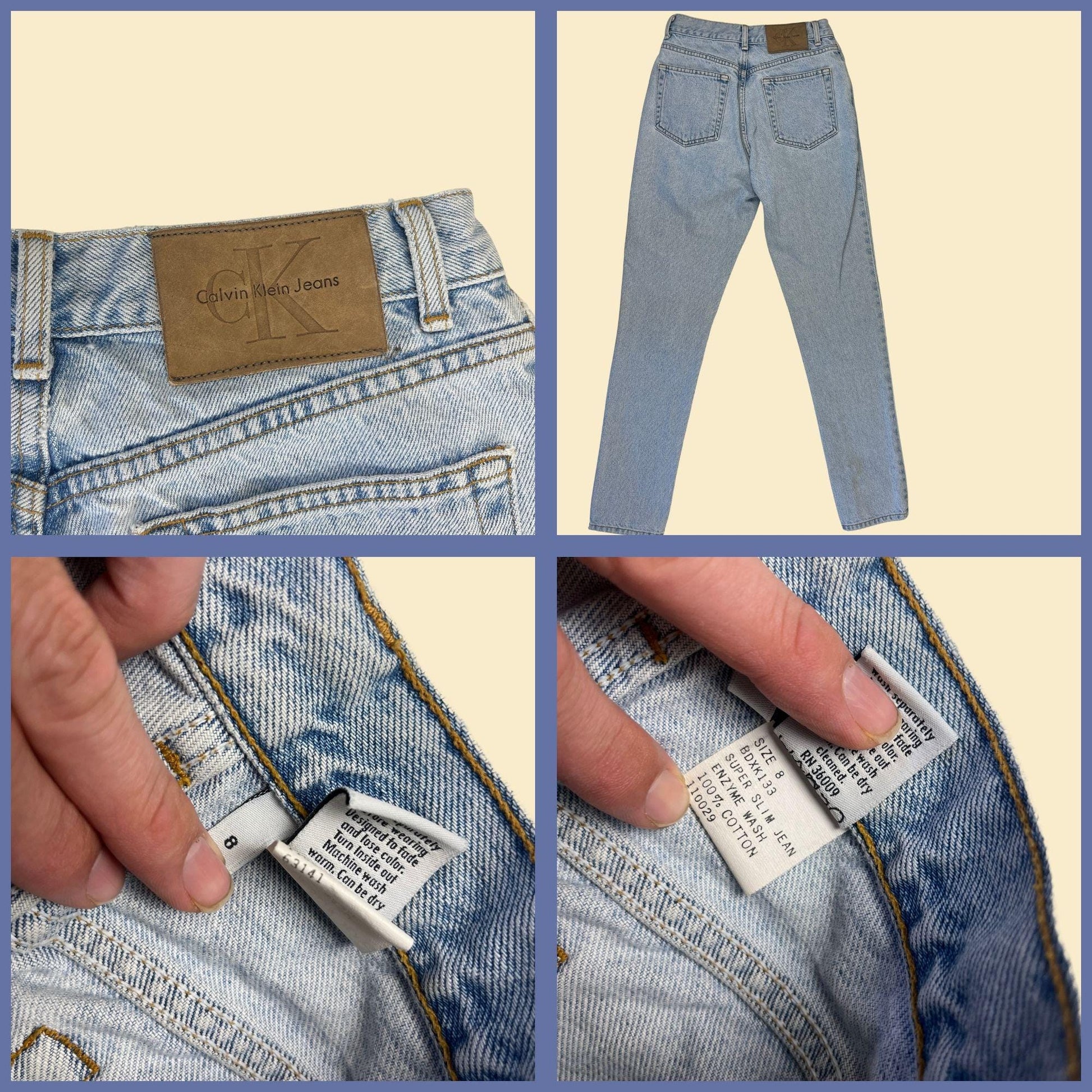 1990s Calvin Klein size 8 jeans, vintage light-wash "super slim" women's denim pants