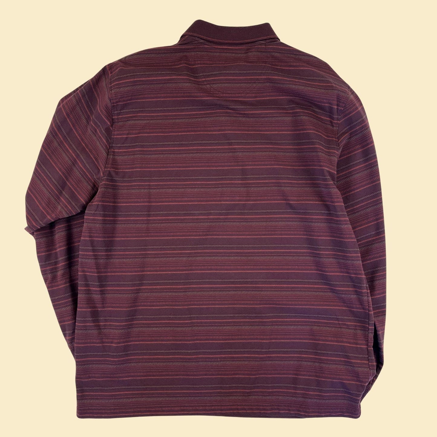 Y2K men's XL polo shirt, vintage 2000s burgundy striped long sleeve polo top