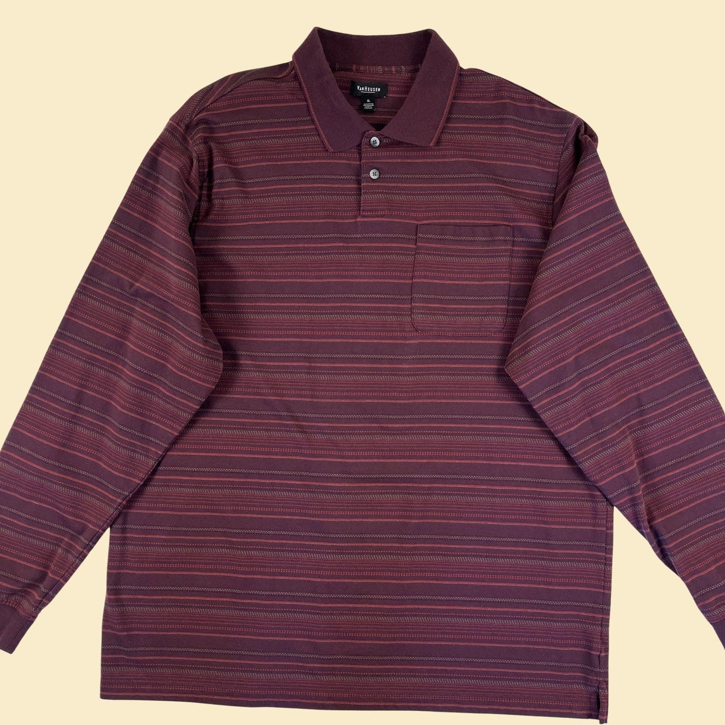 Y2K men's XL polo shirt, vintage 2000s burgundy striped long sleeve polo top