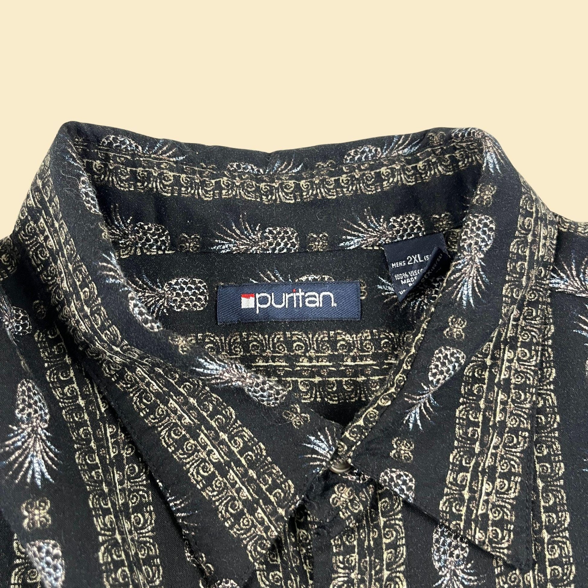 1990s XXL pineapple shirt, vintage abstract striped men's 2XL black & brown short sleeve button down