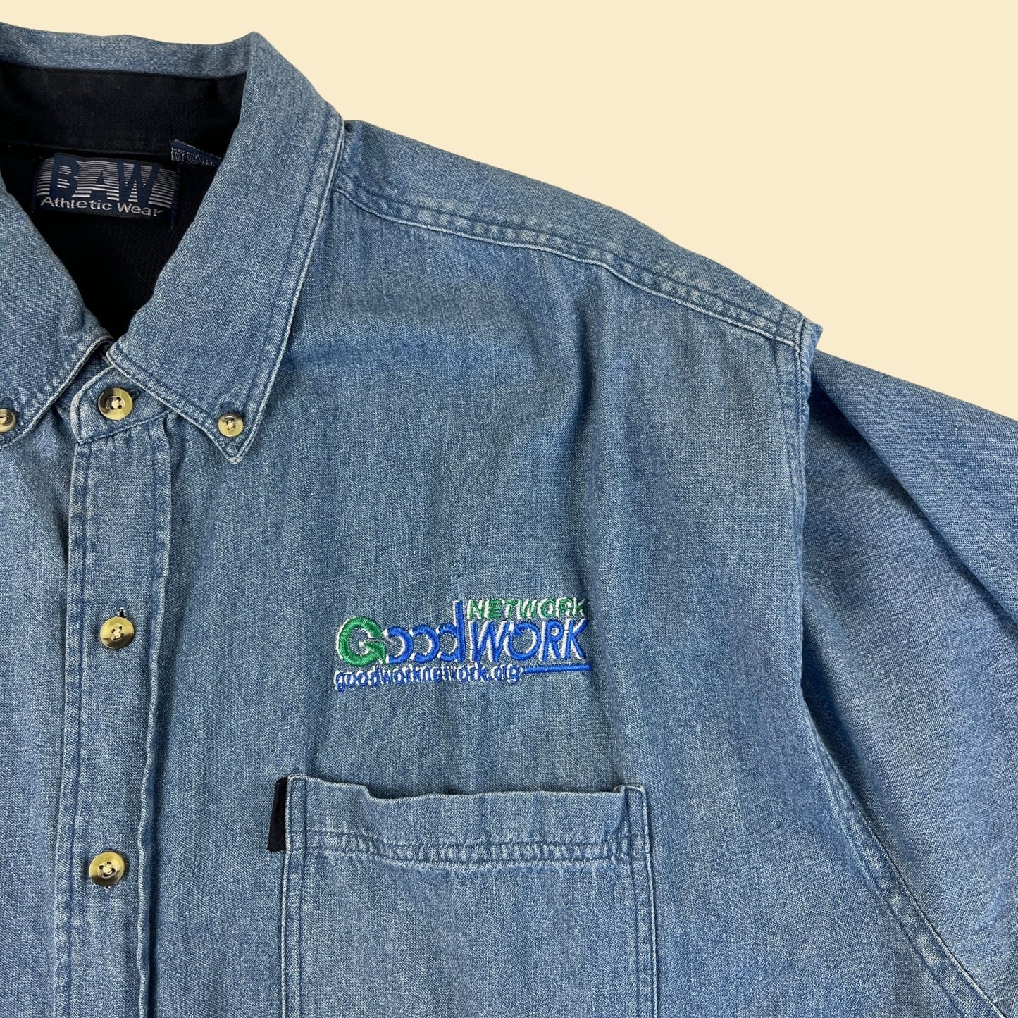 Y2K denim XL button down shirt w/ GoodWorkNetwork.org logo, vintage long sleeve 2000s medium wash button down