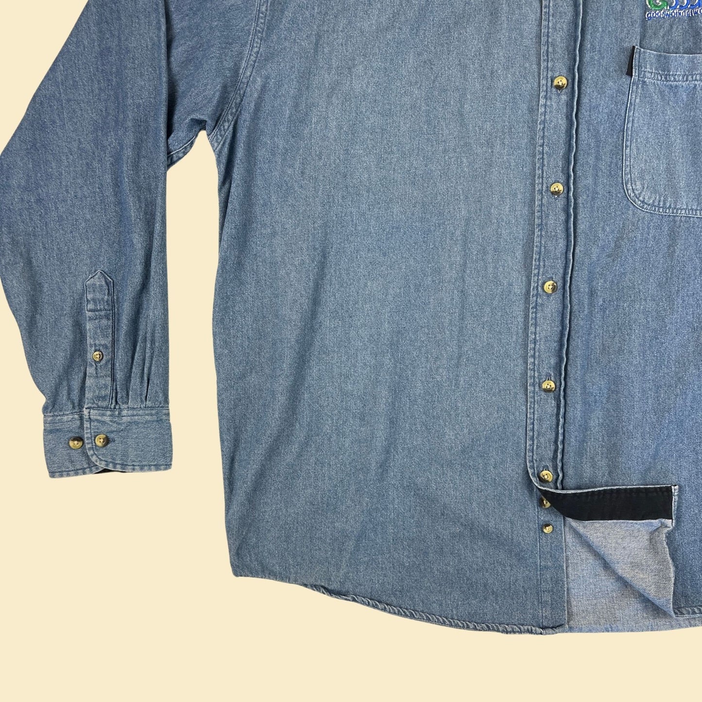 Y2K denim XL button down shirt w/ GoodWorkNetwork.org logo, vintage long sleeve 2000s medium wash button down