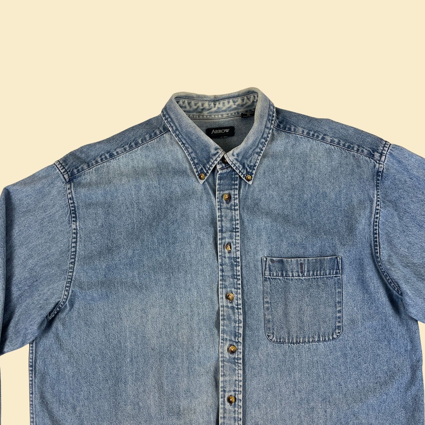 90s XL denim shirt by Arrow, vintage 1990s distressed medium wash button down top