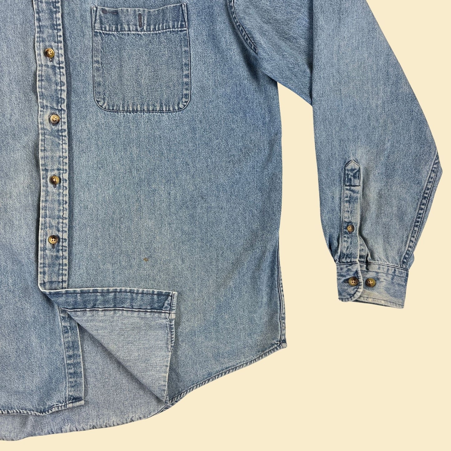 90s XL denim shirt by Arrow, vintage 1990s distressed medium wash button down top