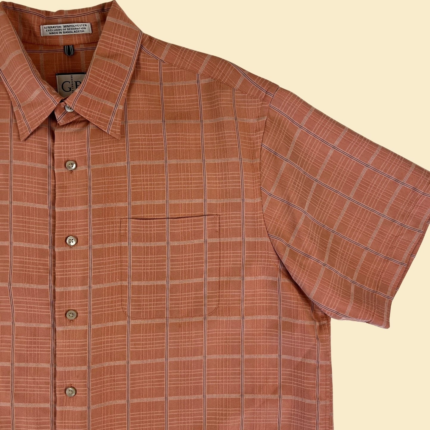 1990s L orange plaid shirt by Geoffrey Beene, vintage 90s men's short sleeve casual top