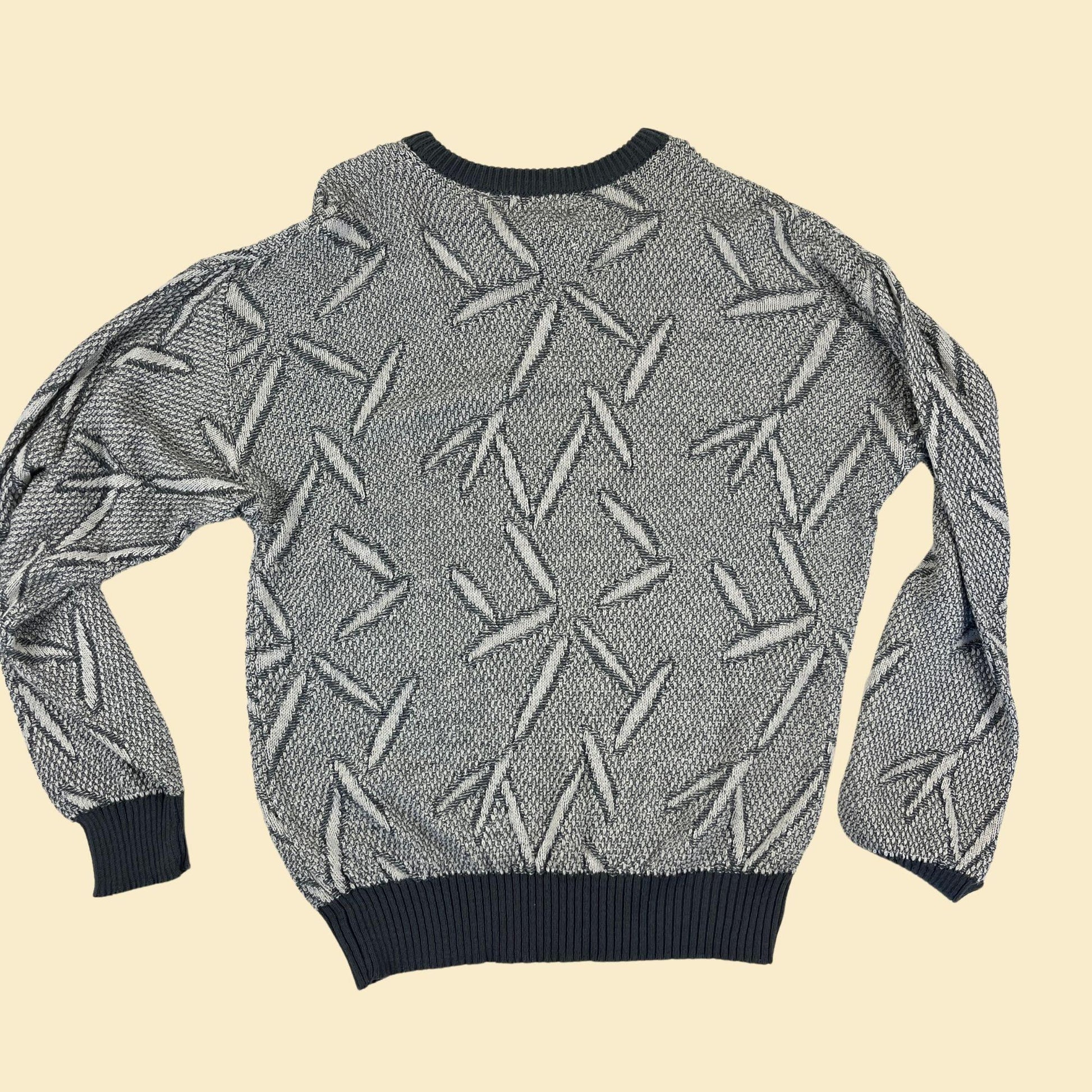 1980s L geometric sweater, vintage grey & white abstract crewneck pullover knit sweater