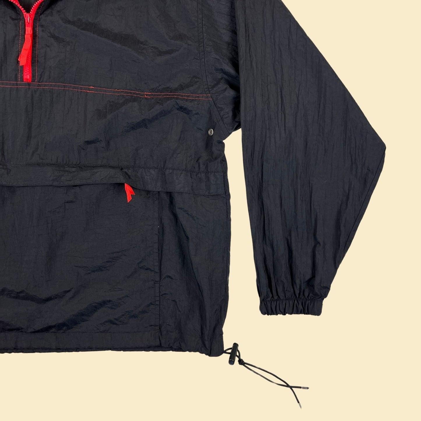 90s XL pullover windbreaker by Cyrk, vintage red & black quarter-zip hooded 1990s jacket