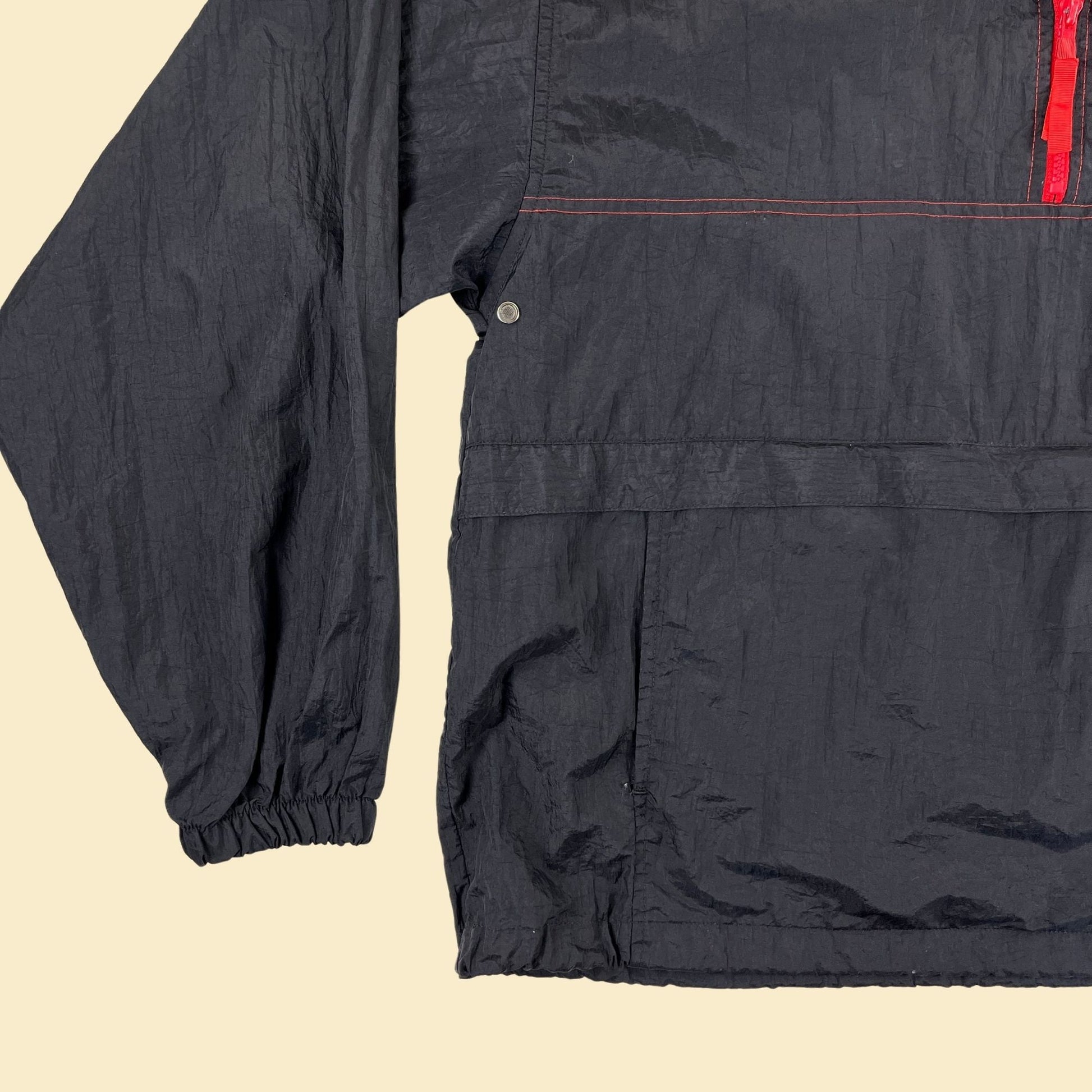 90s XL pullover windbreaker by Cyrk, vintage red & black quarter-zip hooded 1990s jacket