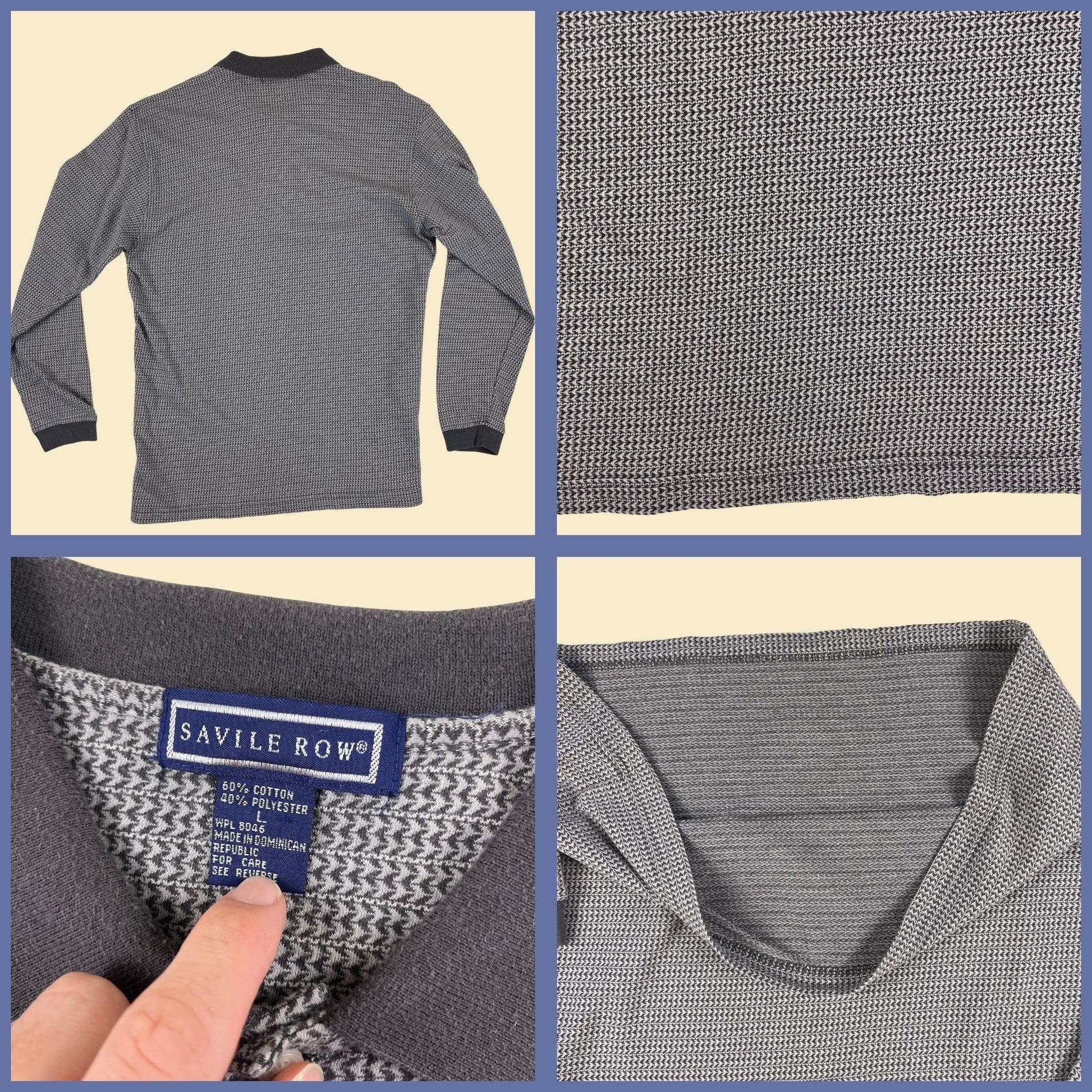 90s L grey polo shirt by Savile Row, vintage 1990s long sleeve houndstooth/check top