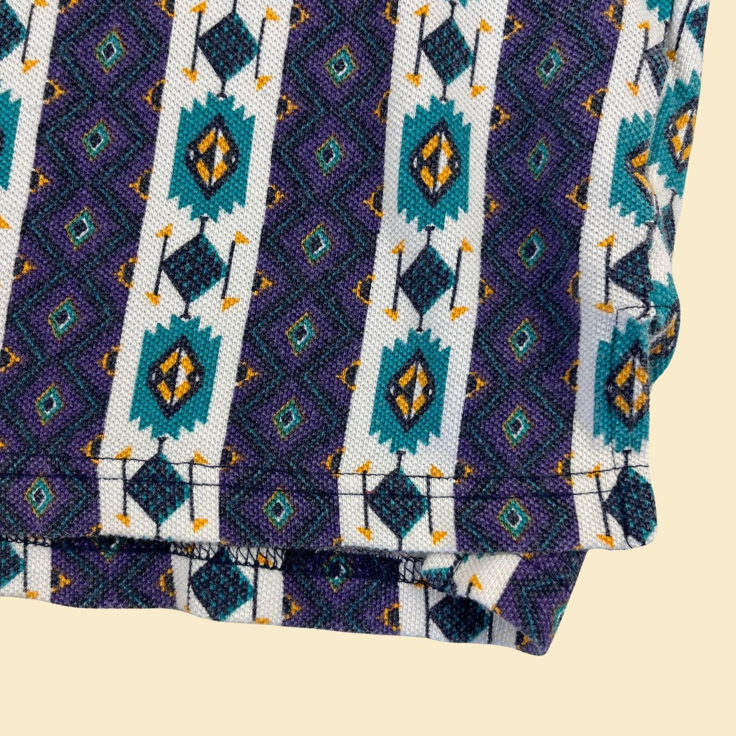 1990s geometric polo shirt, size 1X Siegried men's teal & purple abstract short sleeve