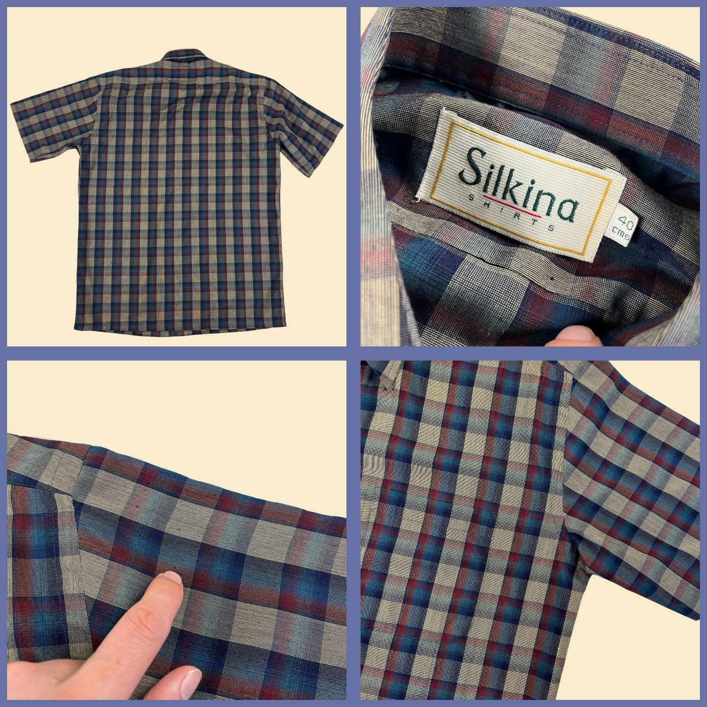 80s/90s Silkina men's 40cm shirt, vintage plaid blue & burgundy short sleeve button down