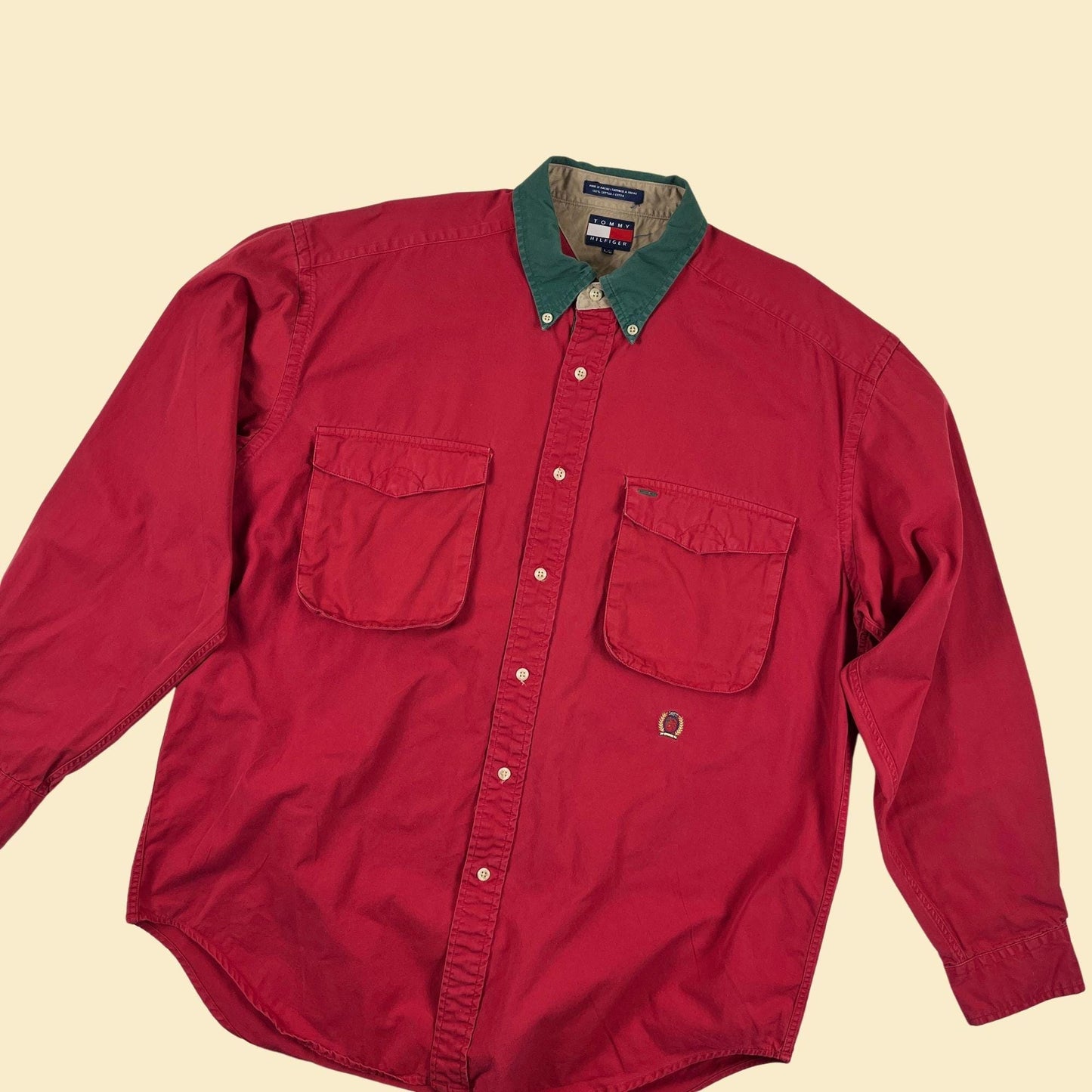 1990s L Tommy Hilfiger shirt, vintage red, green & beige long sleeve button down cotton shirt