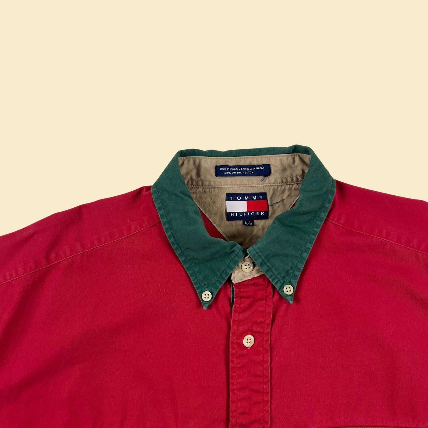 1990s L Tommy Hilfiger shirt, vintage red, green & beige long sleeve button down cotton shirt